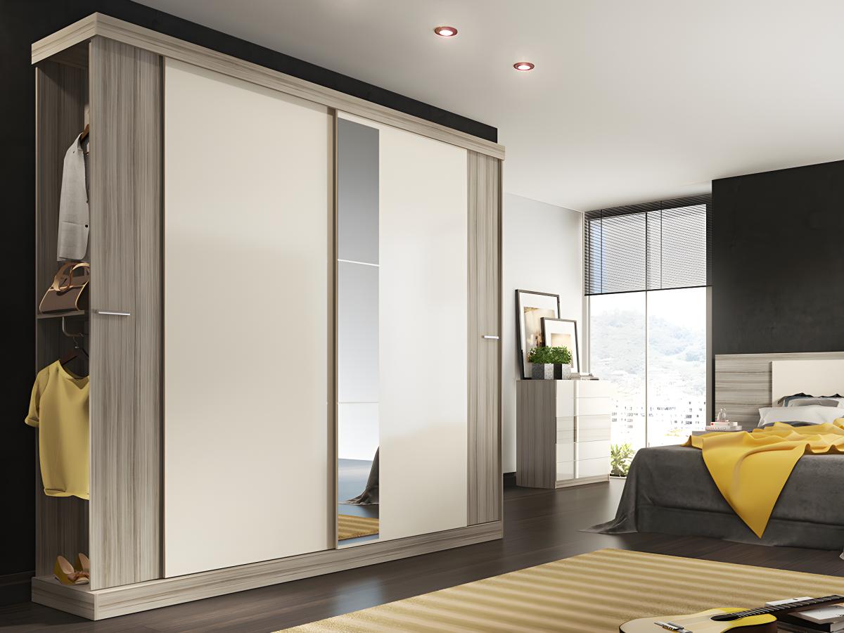 Armoire 2 portes coulissantes - Avec miroir - L231cm - Coloris : Naturel et ivoire - ADALRIK II - 7