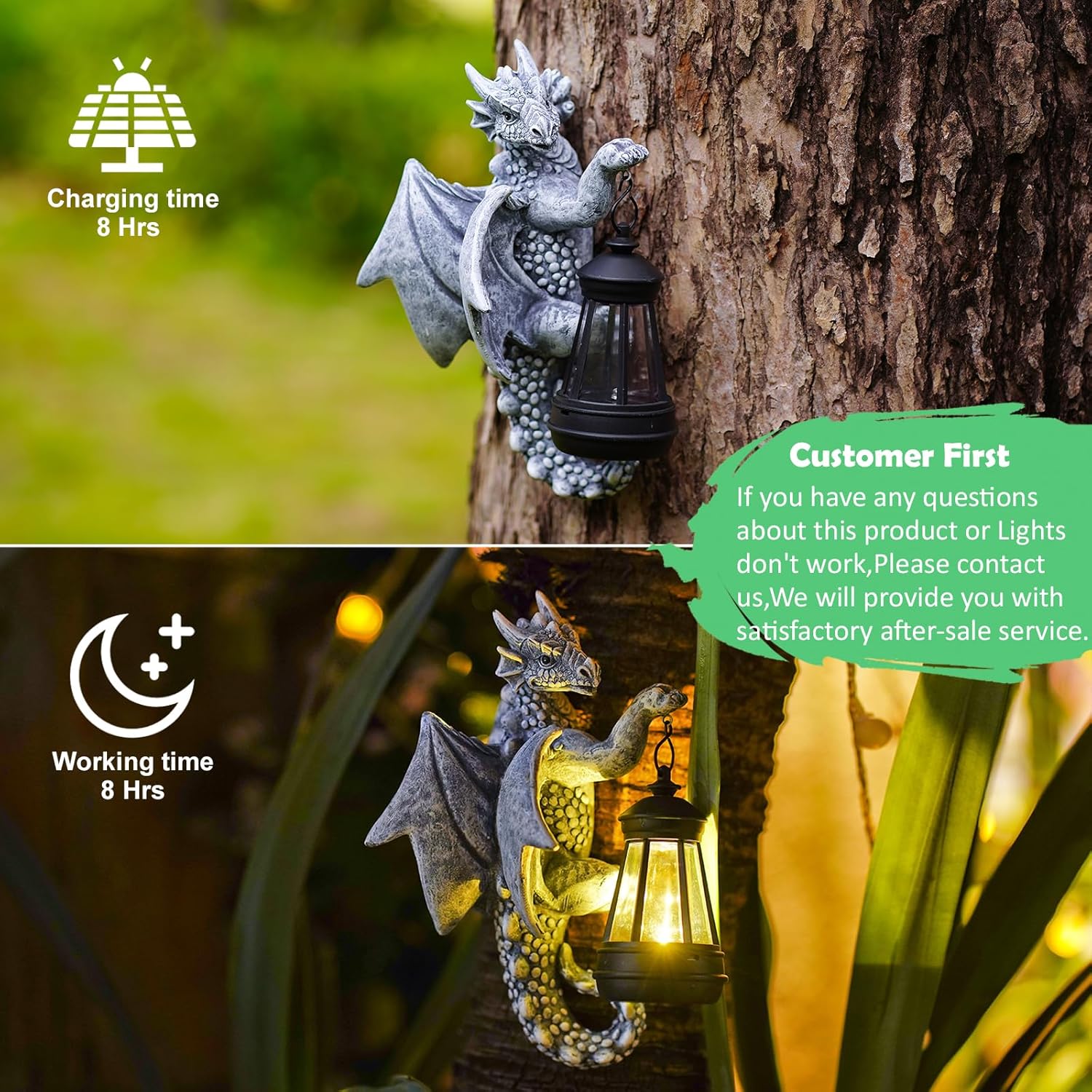 Statue Dragon sur Tronc d’Arbre – Lampe Solaire Décorative pour Jardin, Terrasse, Balcon – Décoration Extérieure Étanche avec LED – Cadeau Amusant - 3