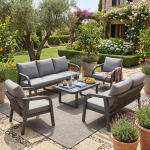 GIANTEX - Salon De Jardin 4 Personnes Bleu - Canapé 2 Places + 2 Fauteuils Tissu Respirant + Table Basse Verre Trempé, Mobilier Extérieur Balcon Terrasse Piscine