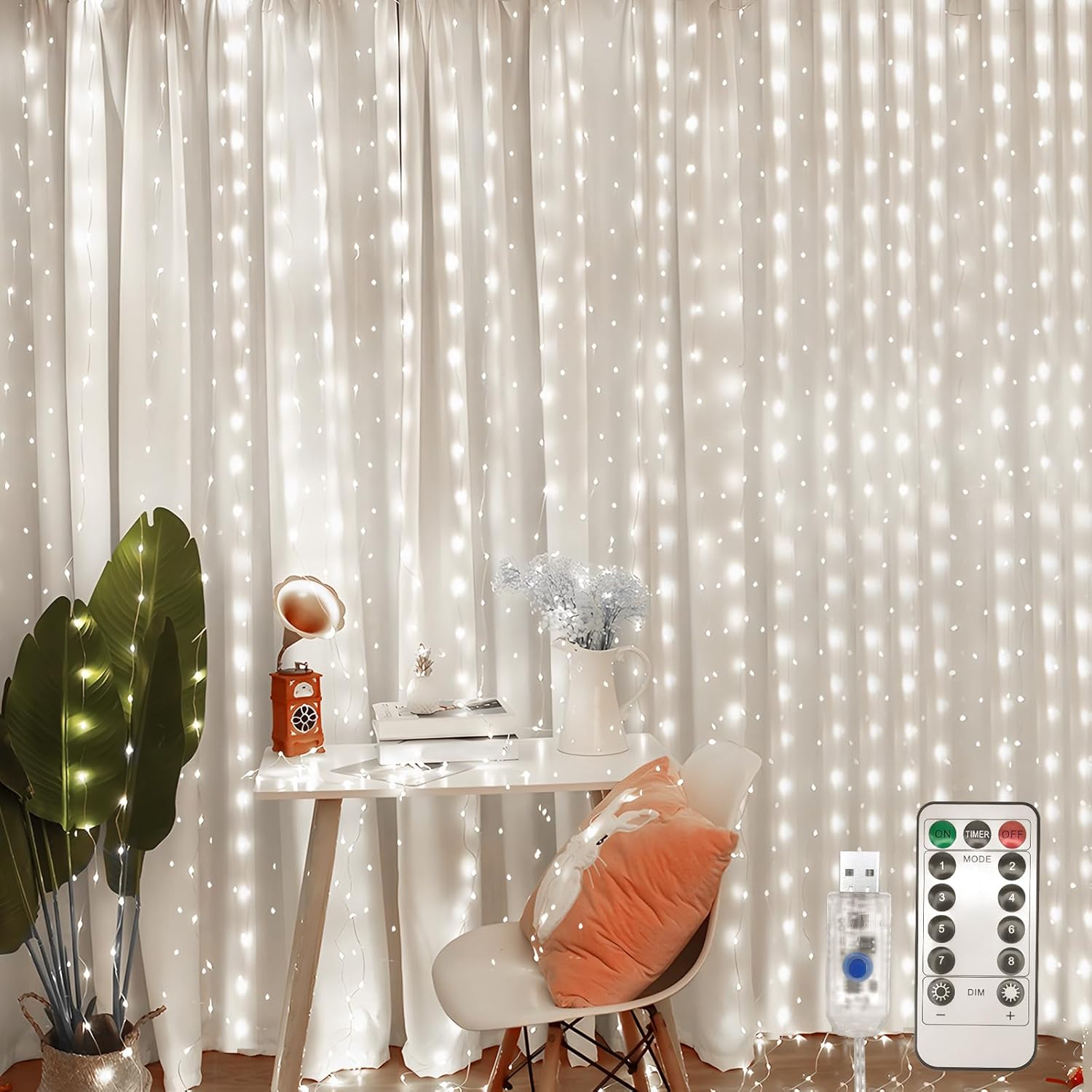 Wodoodporne lampki choinkowe, 200 diod LED, 8 trybów, z pilotem, na Boże Narodzenie, wesela, dekoracje okienne, 3 x 2 metry, USB (białe światło)