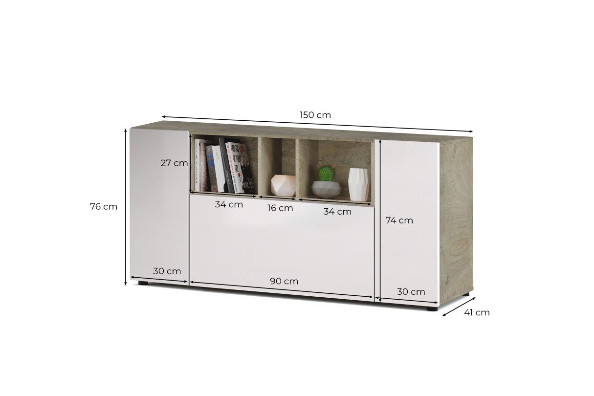 Buffet LOIRA - Mélaminé blanc artik et chene - 3 portes + 3 niches de rangement - L 150 x P 41 x H 76 cm - 8