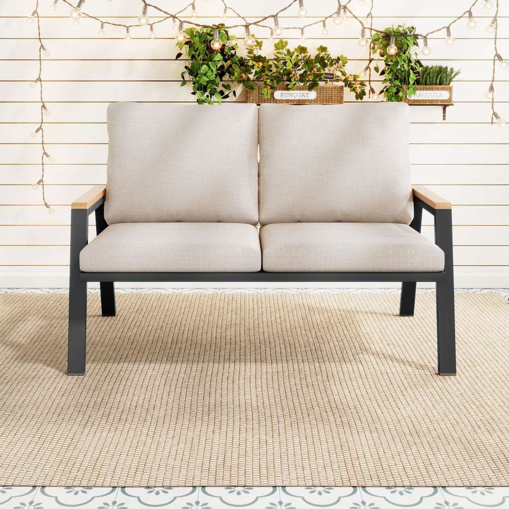 Set de mobilier de jardin Sofa 2 places en acier galvanisé avec accoudoirs bois-plastique style industriel gris-beige - 2