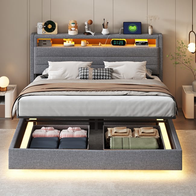 Letto imbottito 160x200 cm,rete idraulica flottante con contenitore,letto imbottito multifunzionale con presa USB e luce LED | Leroy Merlin Letto imbottito 160x200 cm,rete idraulica flottante con contenitore,letto imbottito multifunzionale con presa USB e luce LED | Leroy Merlin