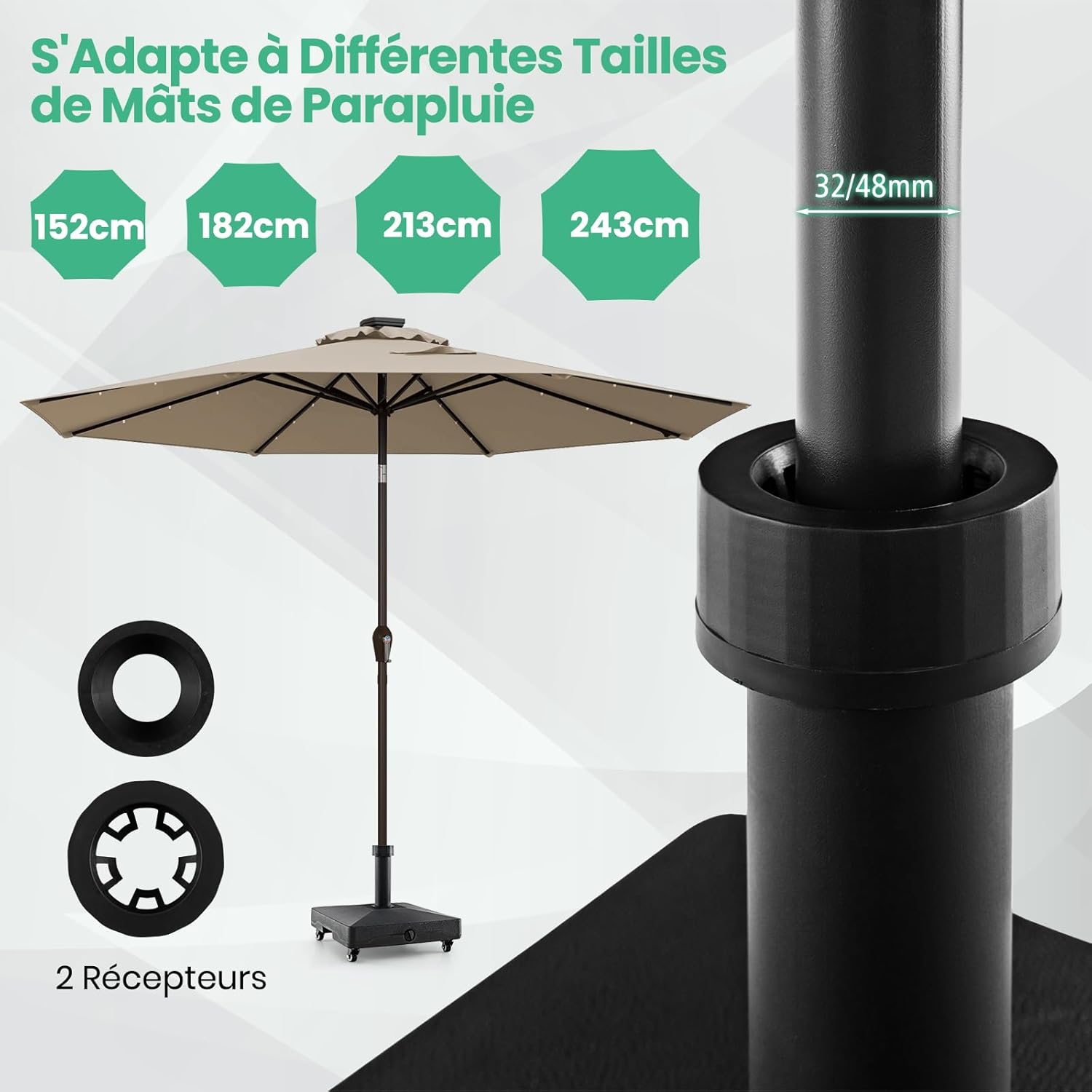 Pie de sombrilla con ruedas, soporte para sombrilla de 16 l y arena de 24,5 kg, apto para sombrilla Φ 32/48 mm, 2receptores, base sombrilla(52x41,5cm) - 5