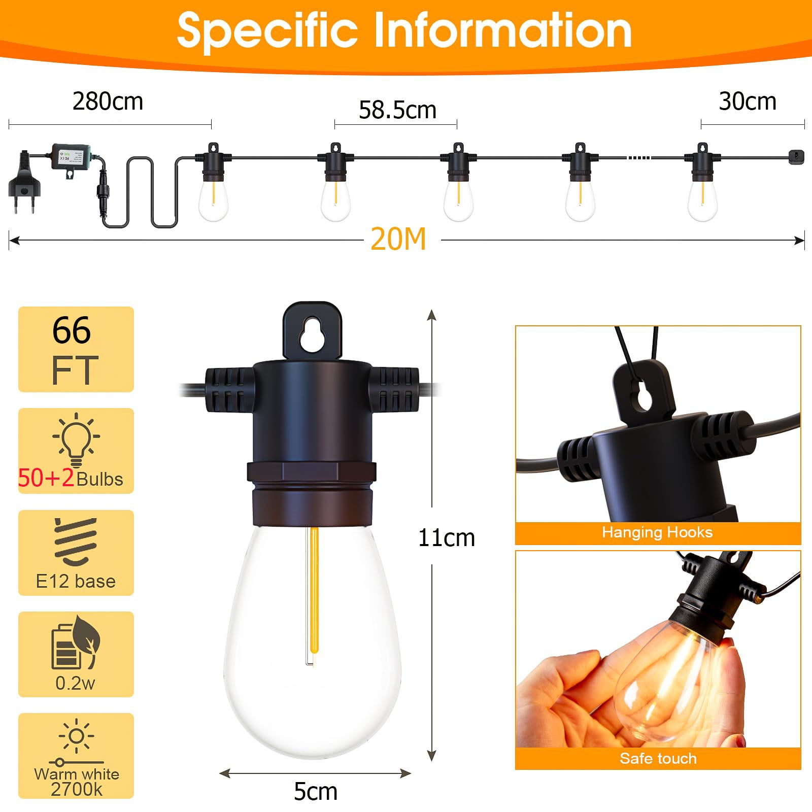 20 M Guirlande lumineuse d'extérieur à LED avec télécommande et 30+2 ampoules LED S14, IP65, lumière blanche chaude, pour jardin, une véranda, café - 4