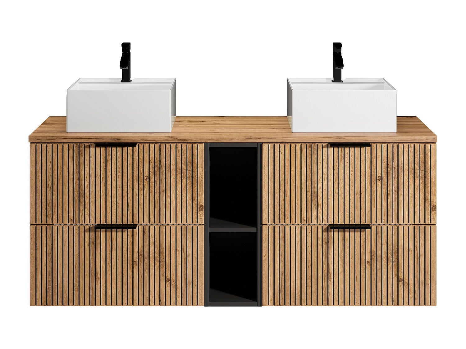 Szafka łazienkowa wisząca ryflowana z wnękami i dwoma kwadratowymi umywalkami nablatowymi - Naturalny jasny - szer. 140 cm - MADELA