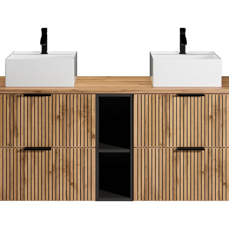 Szafka łazienkowa wisząca ryflowana z wnękami i dwoma kwadratowymi umywalkami nablatowymi - Naturalny jasny - szer. 140 cm - MADELA