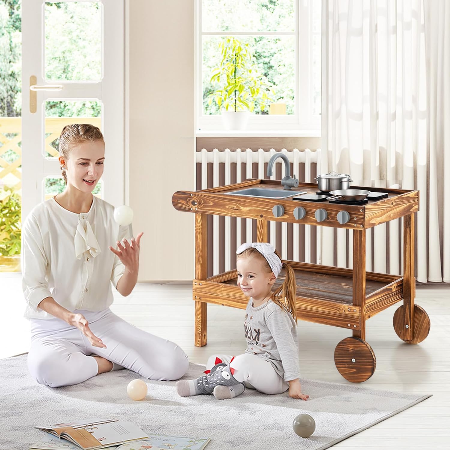 Cuisine En Bois 2 En 1 HOMASIS Pour Enfants - Double Face Avec Auvent, Évier Amovible Et Réservoir D'Eau