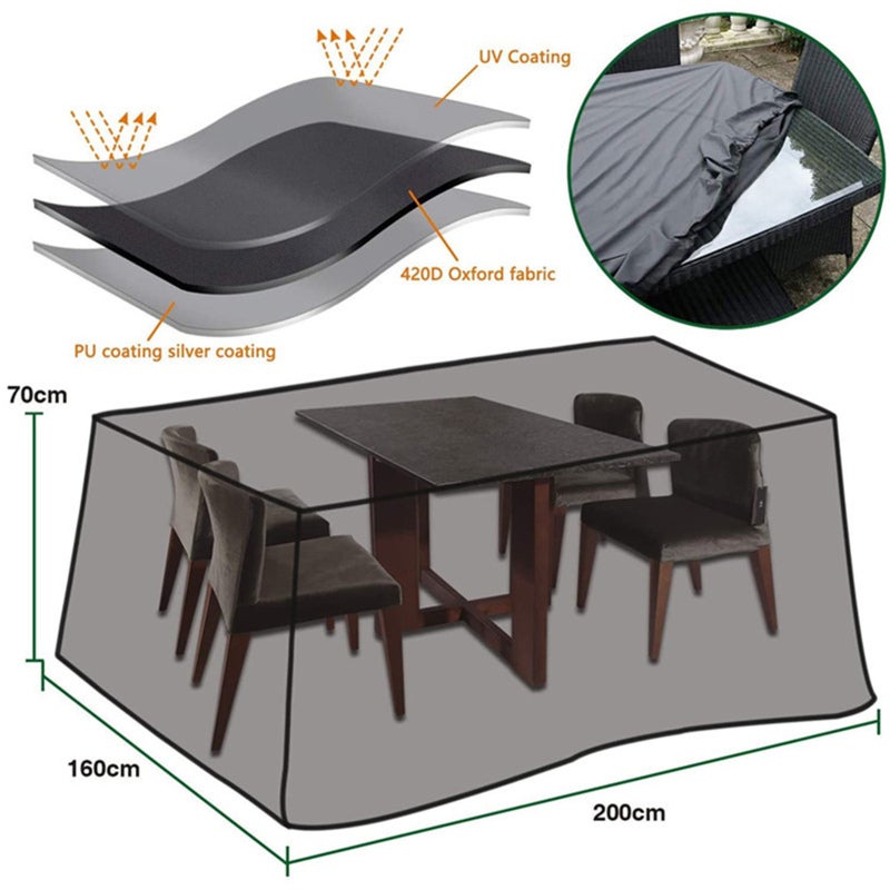 Housse de protection rectangulaire noire pour meubles de jardin 200 x 160 x 70 cm, tissu Oxford 420D résistant et indéchirable avec revêtement argenté - 6