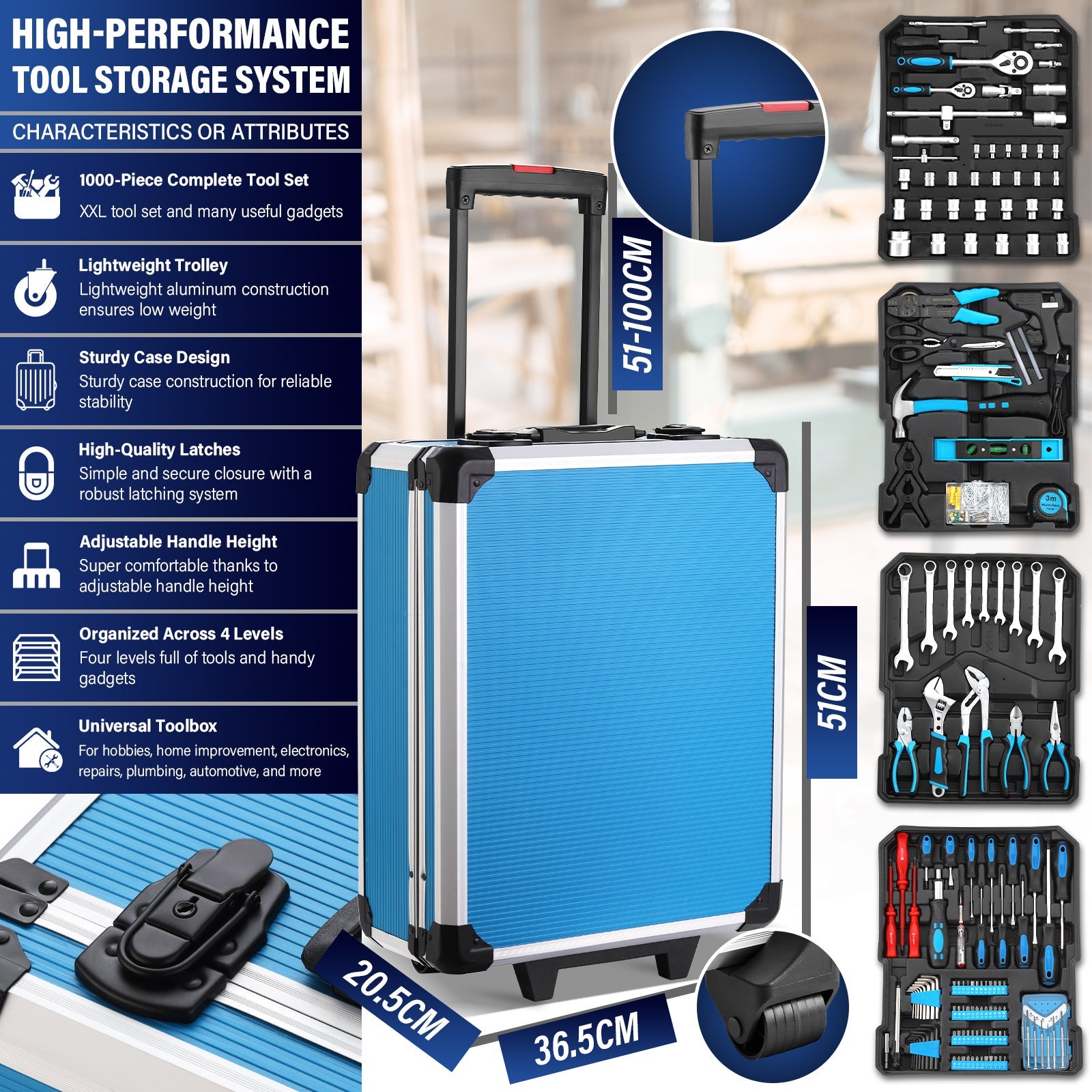 TEENO Boite à Outils 1000 Pièces, Outil Multifonction avec Valise Aluminium et Poignée Télescopique , Malette Outils Roulante pour Maison et Auto - 3