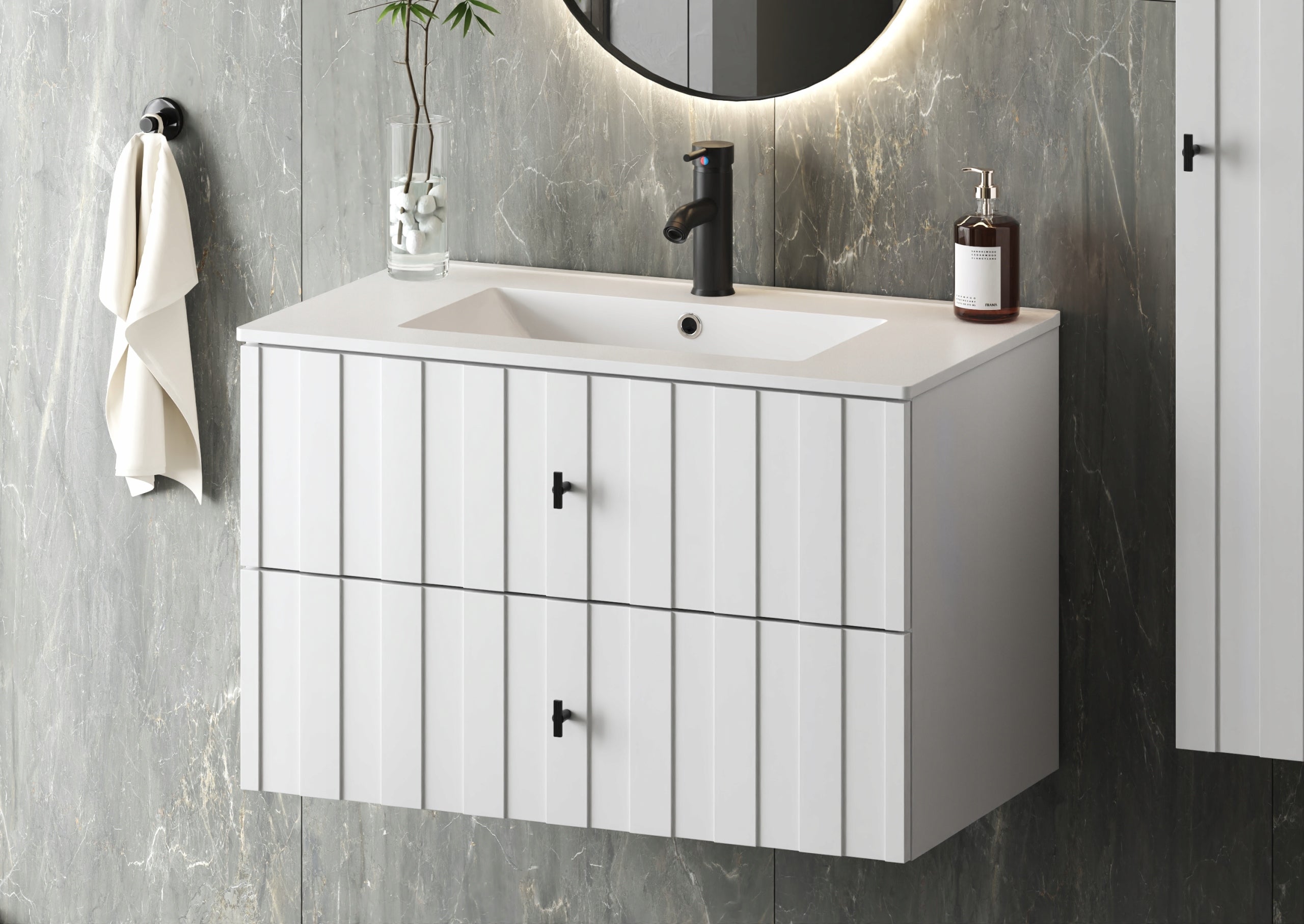Szafka łazienkowa ELEGANTE 80 cm biała wisząca złote uchwyty mat - 7