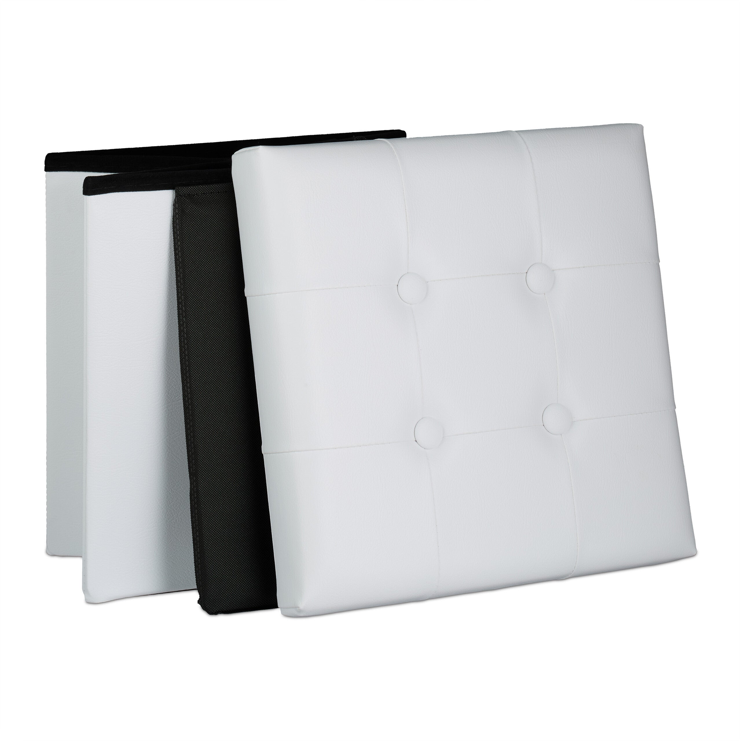 Banco, puff estofado, dobrável, HBT: 39x37x37 cm, couro sintético, cubo de assento, branco, Relaxdays - 5