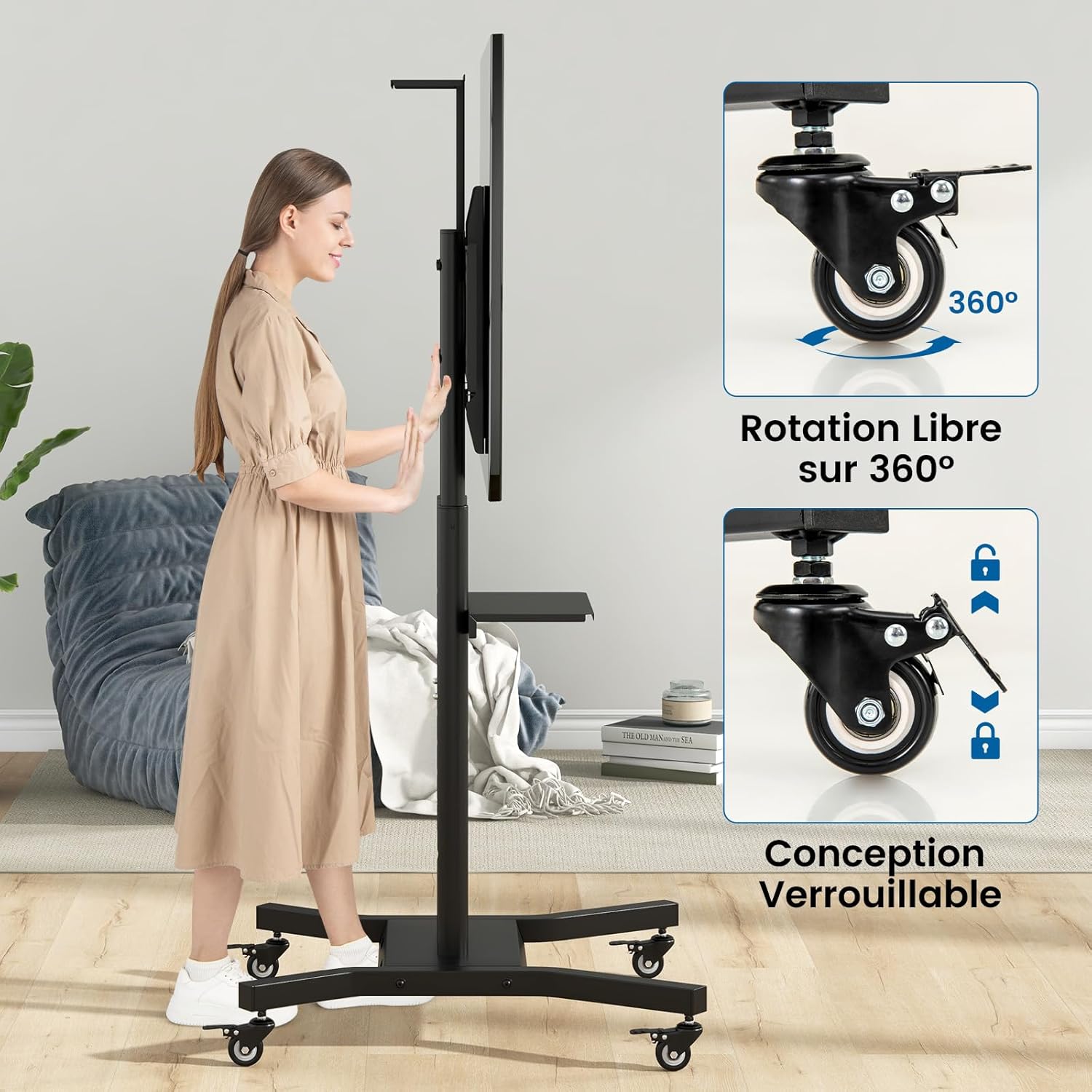 Support TV à roulettes, Support TV sur Pieds en Hauteur Réglable pour Écrans Plats Incurvés 81 à 178cm, Chariot TV Base en H - 5