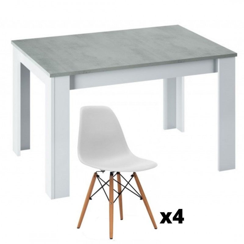 Mobelcenter , Conjunto Mesa Comedor Extensible Kendra Y Juego De 4 Sillas, Artik Y Cemento, Sillas Y Patas Madera En Haya(P0025) Blanco , Leroy Merlin