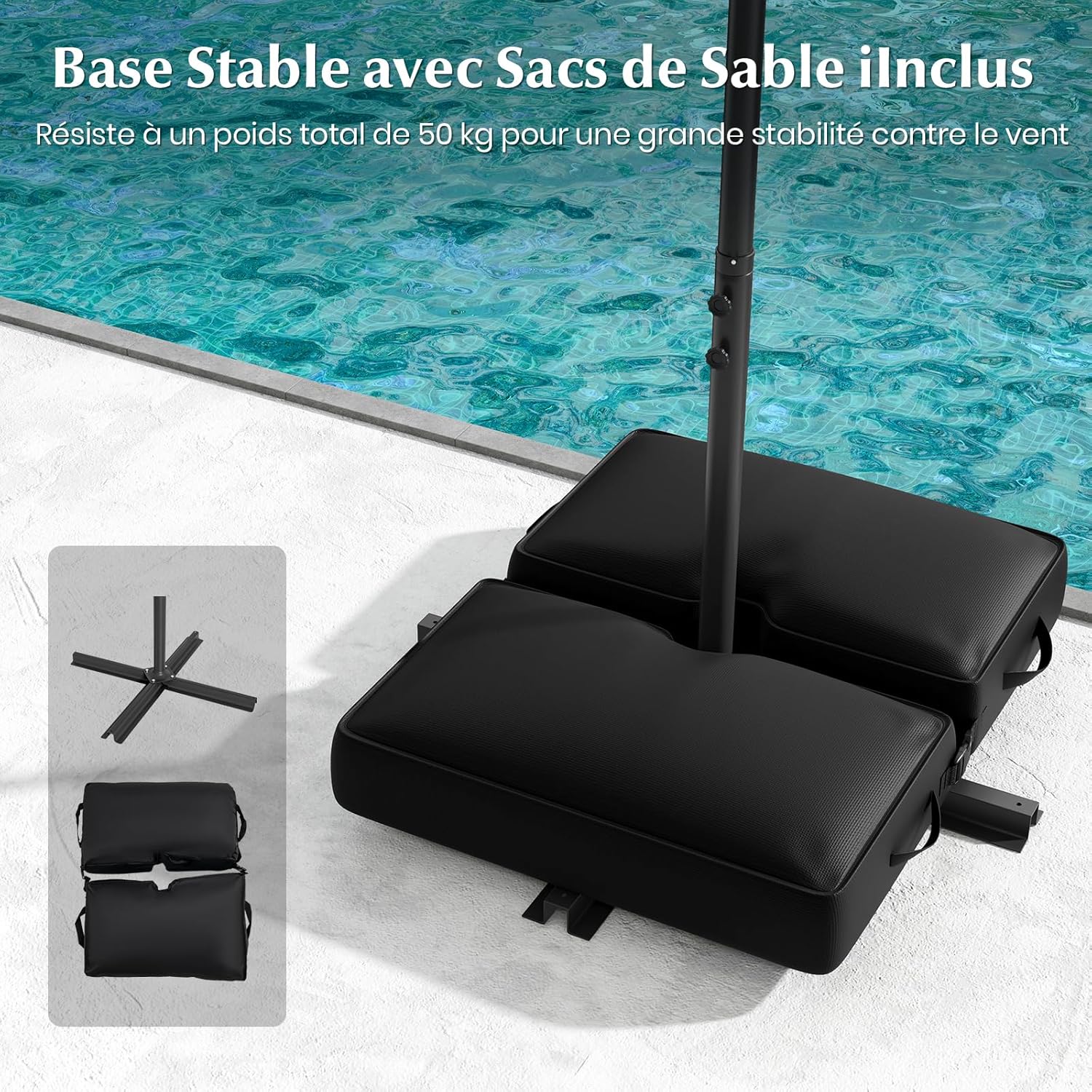 Parasol Déporté Ø300CM Parasol de Jardin Extérieur Inclinable 40 LED Solaires 8 Baleines, Grand Parasol avec Pied pour Terrasse Plage Cour (Beige) - 6