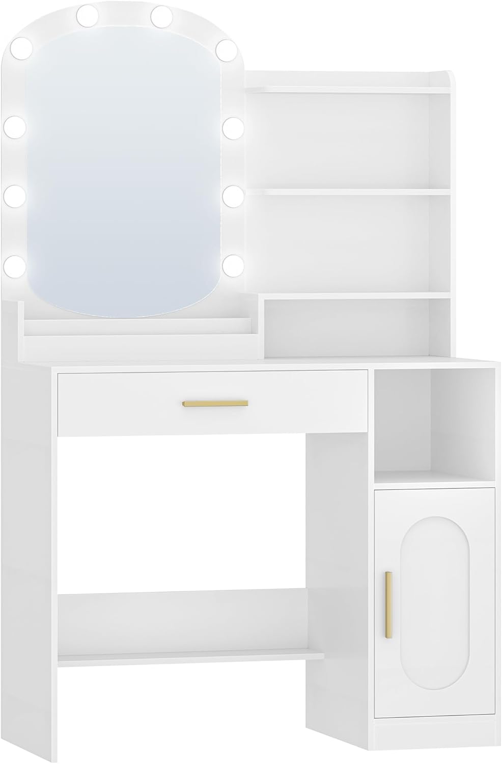 Coiffeuse avec Miroir Ovale, Coiffeuse avec Miroir LED, Luminosité Réglable, Table de Maquillage avec Tiroir, Armoire et Étagères Ouverts, Blanc - 8