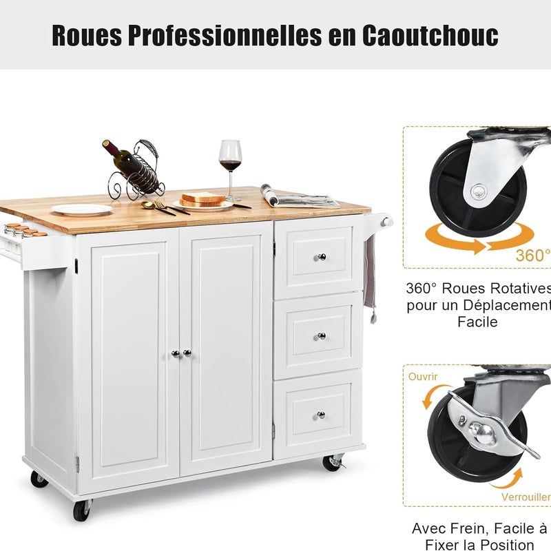 Wózek Kuchenny na Kółkach z 1 Szafką z 3 Poziomami i 3 Szufladami, 2 Regulowanymi Półkami i Składanymi Regałami, Biały