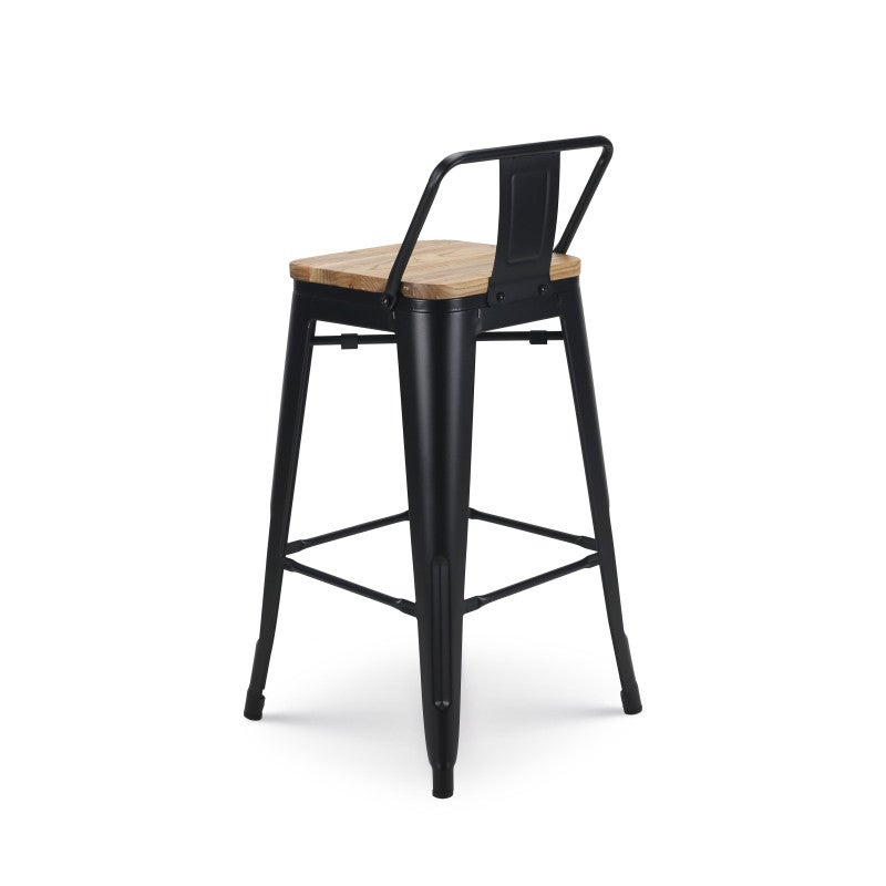 Tabouret de bar en métal noir mat style industriel avec dossier et assise en bois clair - Hauteur 66cm - 4