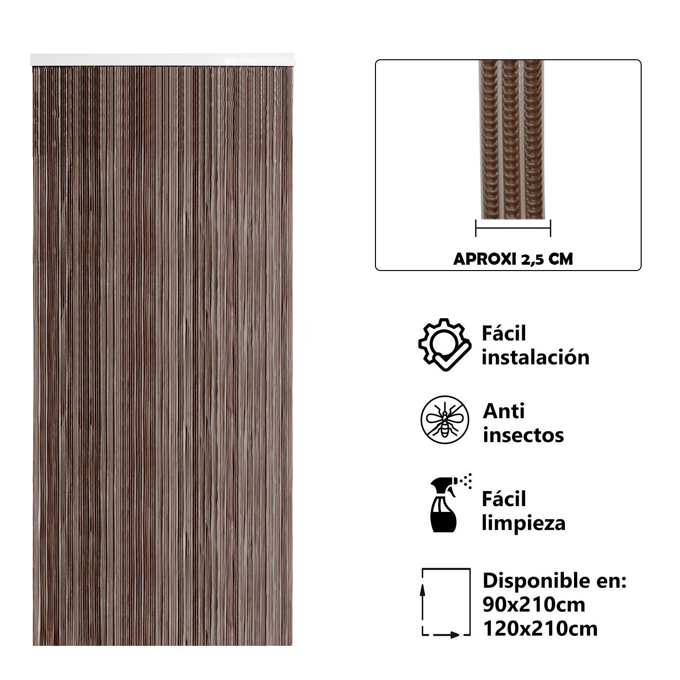 Aitsse- cortina de pvc para puerta exterior o interior con barra de aluminio (210x90cm, marron+filo transparente p13)