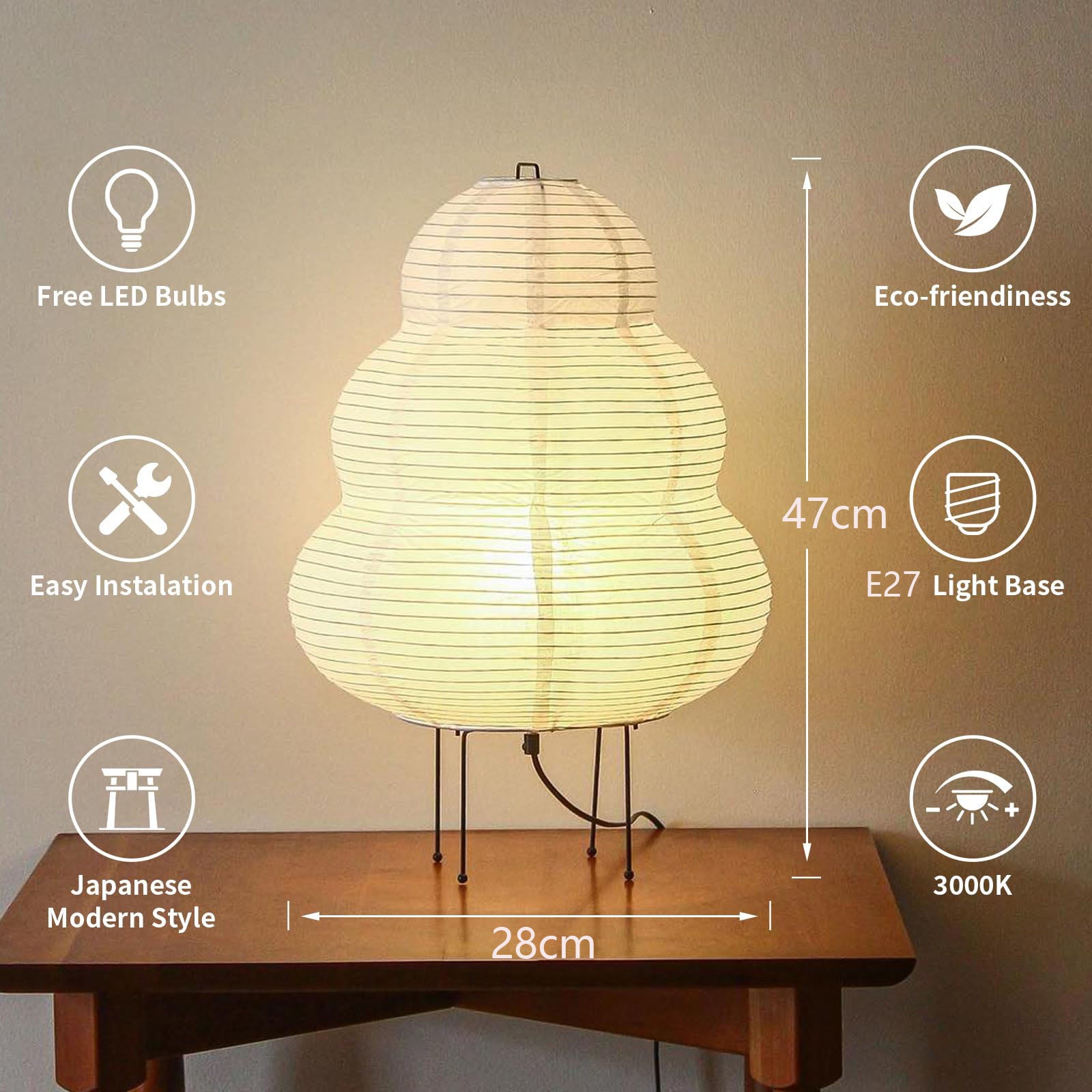 Lampadaire Wabi-sabi E27, lampe de table en papier de riz blanc, lumière blanche chaude 3000K, norme européenne, convient pour la chambre - 2