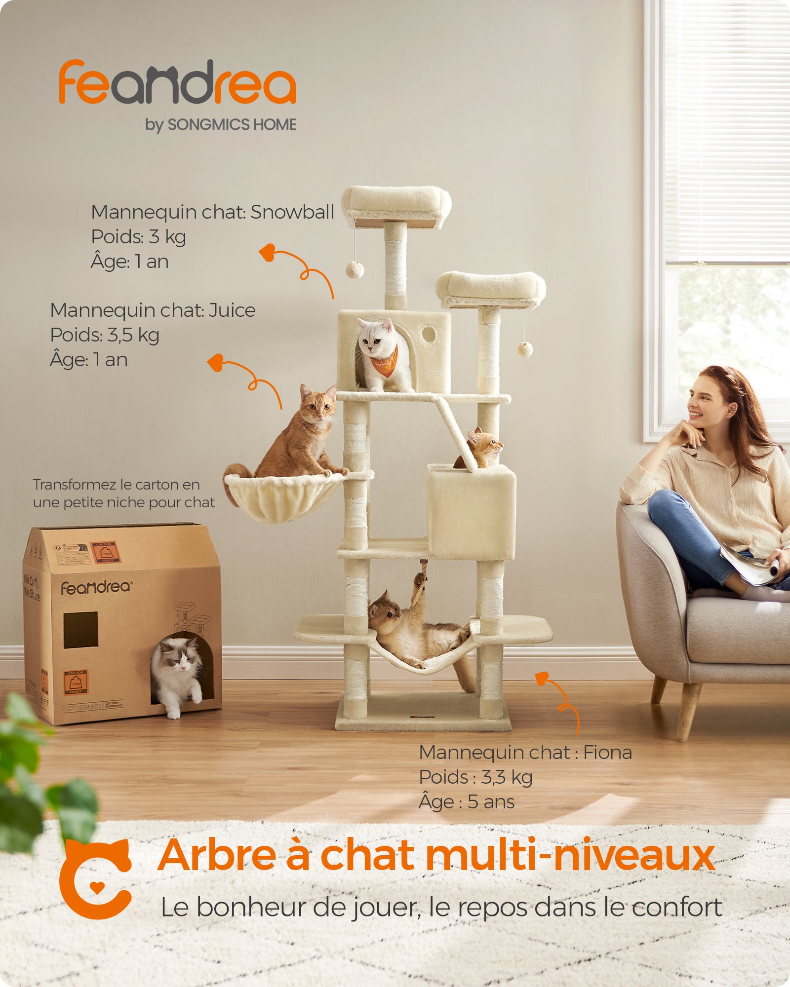 Arbre à Chat, Hauteur 168 cm, avec 13 Griffoirs, 2 Plate-forme, 2 Niches, Panier, Hamac, Pompon, Tissu Peluche, Beige - 2