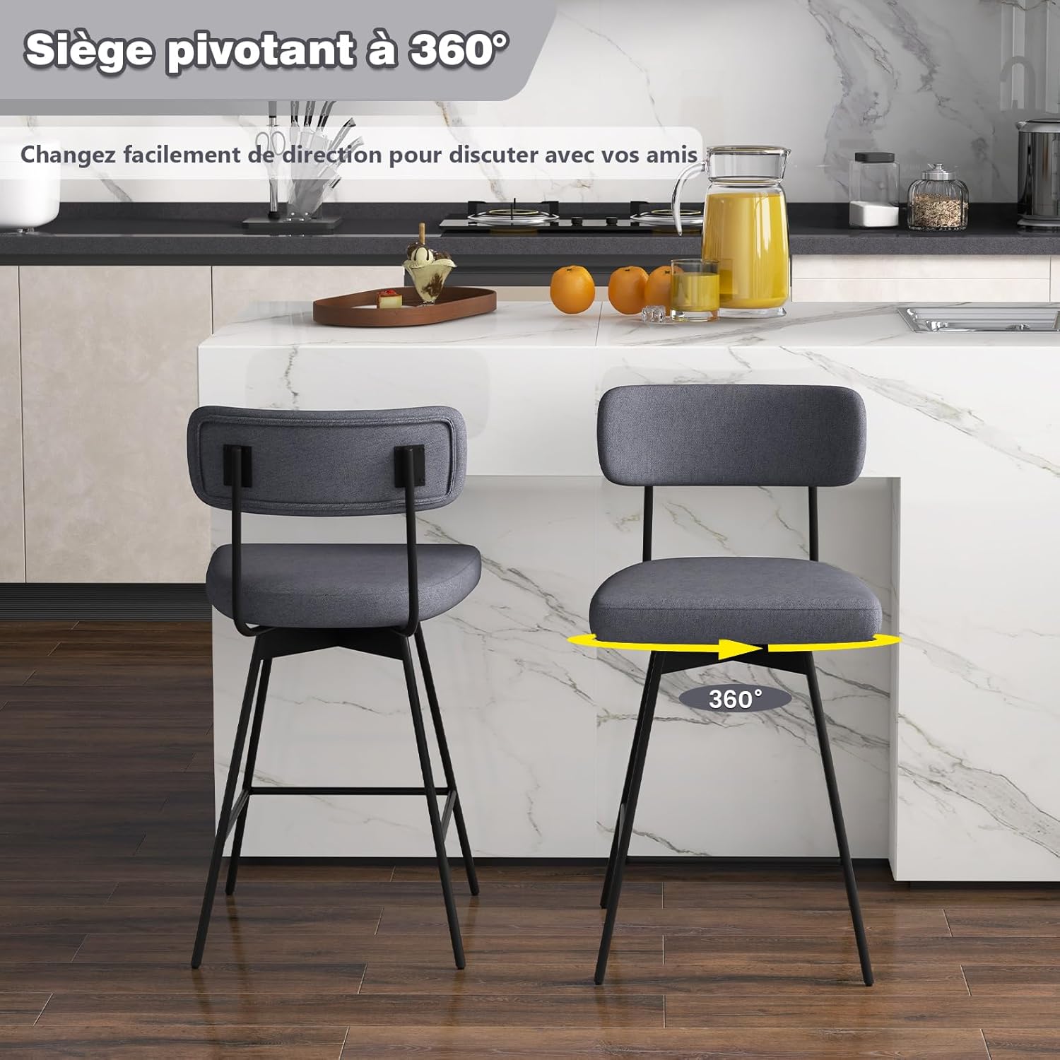 2-częściowy zestaw obrotowych stołków barowych z oparciem i podnóżkiem, wysokość siedziska 63,5 cm, krzesło kuchenne z metalową ramą (kolor szary) - 5