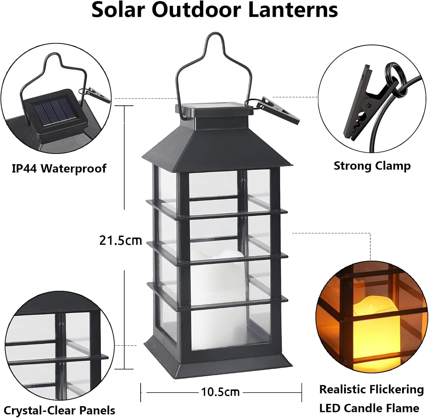 Conjunto de 2 lanternas solares de jardim para exterior com vela LED oscilante, luminárias suspensas à prova d'água IP44 para varanda. - 3
