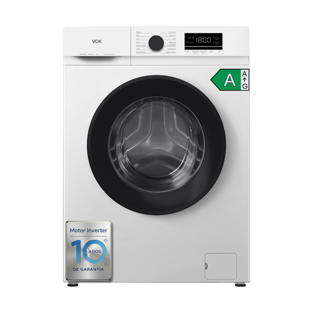 Lavadora 6Kg VOK EVW-6BAWL2410 - Clase A, Motor Inverter, 1000 rpm, 14 Programas, Fondo Reducido, Función Vapor, Blanco