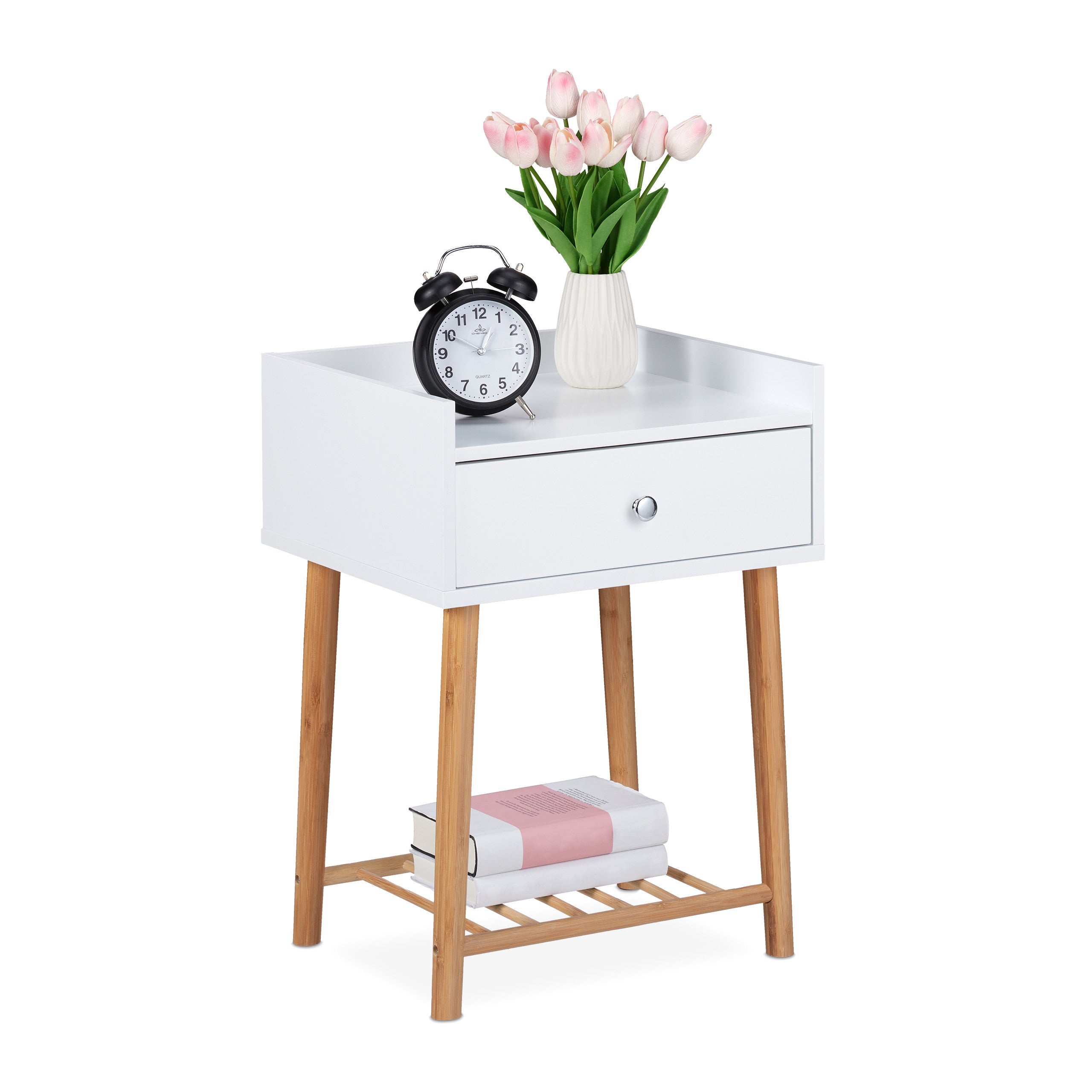 Relaxdays Model 1003 Comodino Stile Nordico Bianco E Bambù | 2 Ripiani E Cassetto