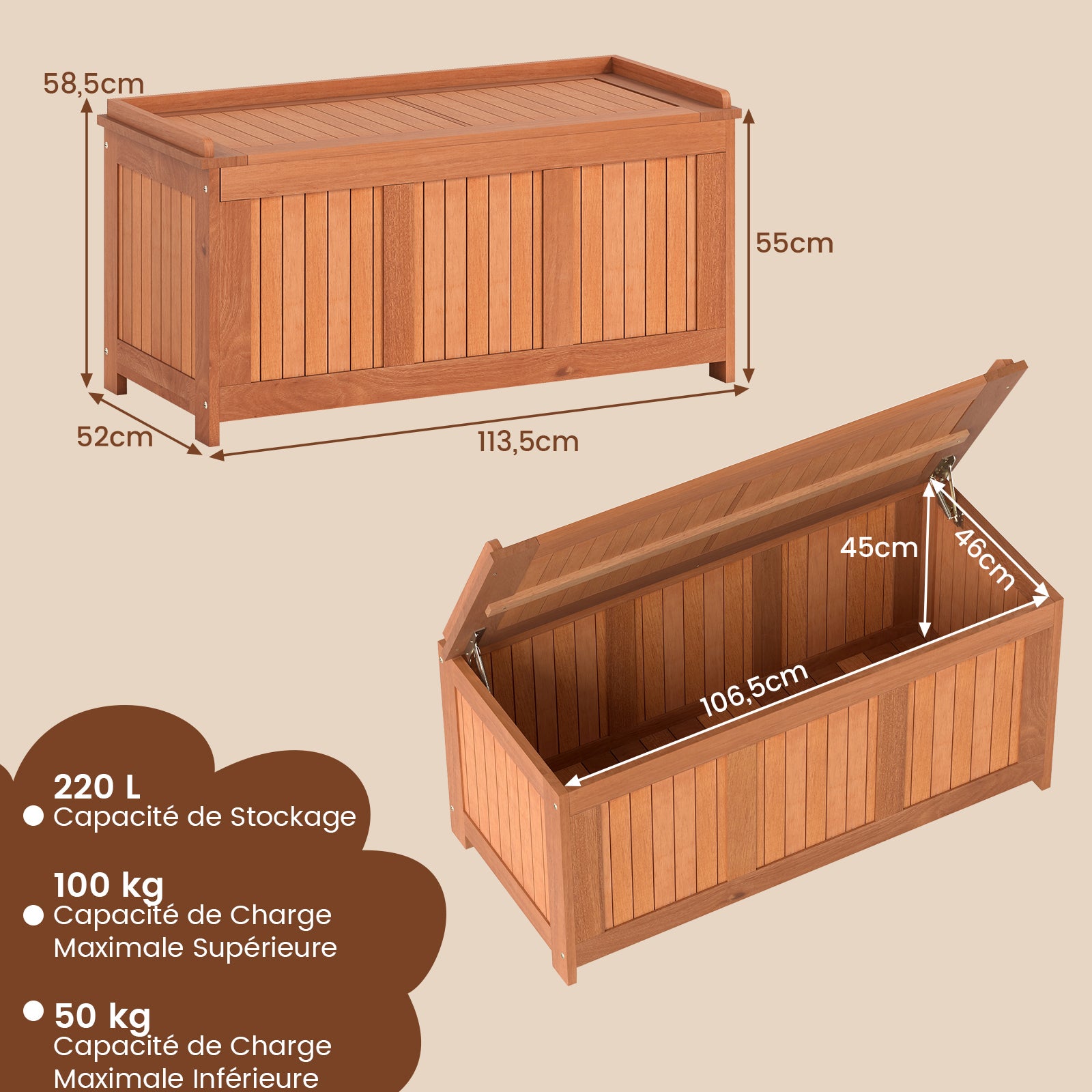 Coffre de Jardin Extérieur en Bois Dur 220L, avec Couvercle Rabattable, Organisateur pour Rangement des Outils pour Patio, Cour, Charge 150 KG - 3
