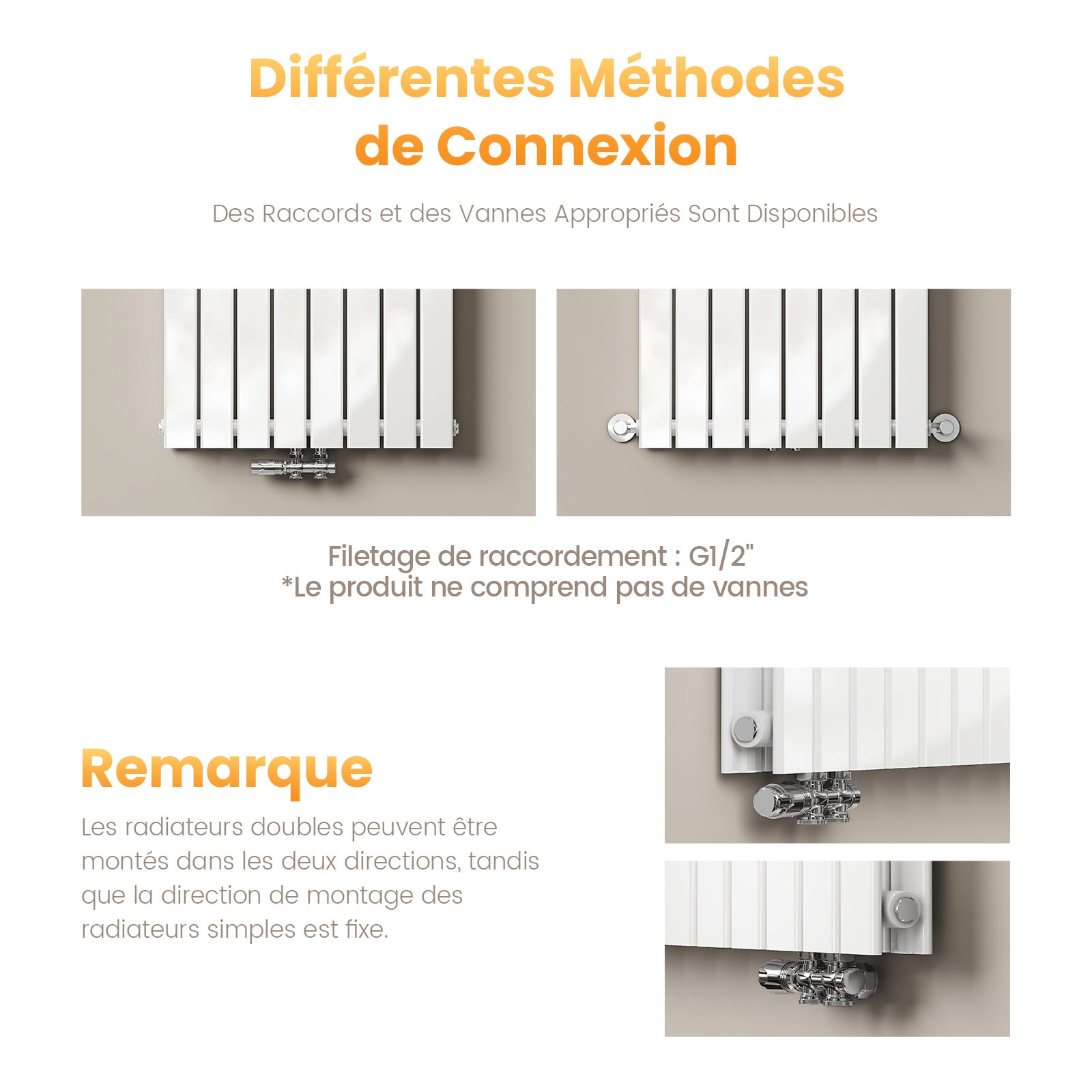 EMKE Radiateur eau chaude en acier 180x30cm 911W Radiateur plat Double couche connexion centrale Montage mural, Blanc - 5