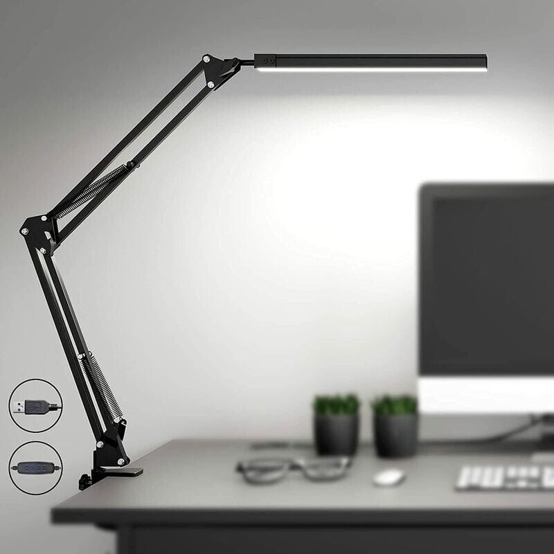 Lampa biurkowa LED z klipsem, ochrona oczu, 3 tryby oświetlenia, czarna (aluminiowy klips)