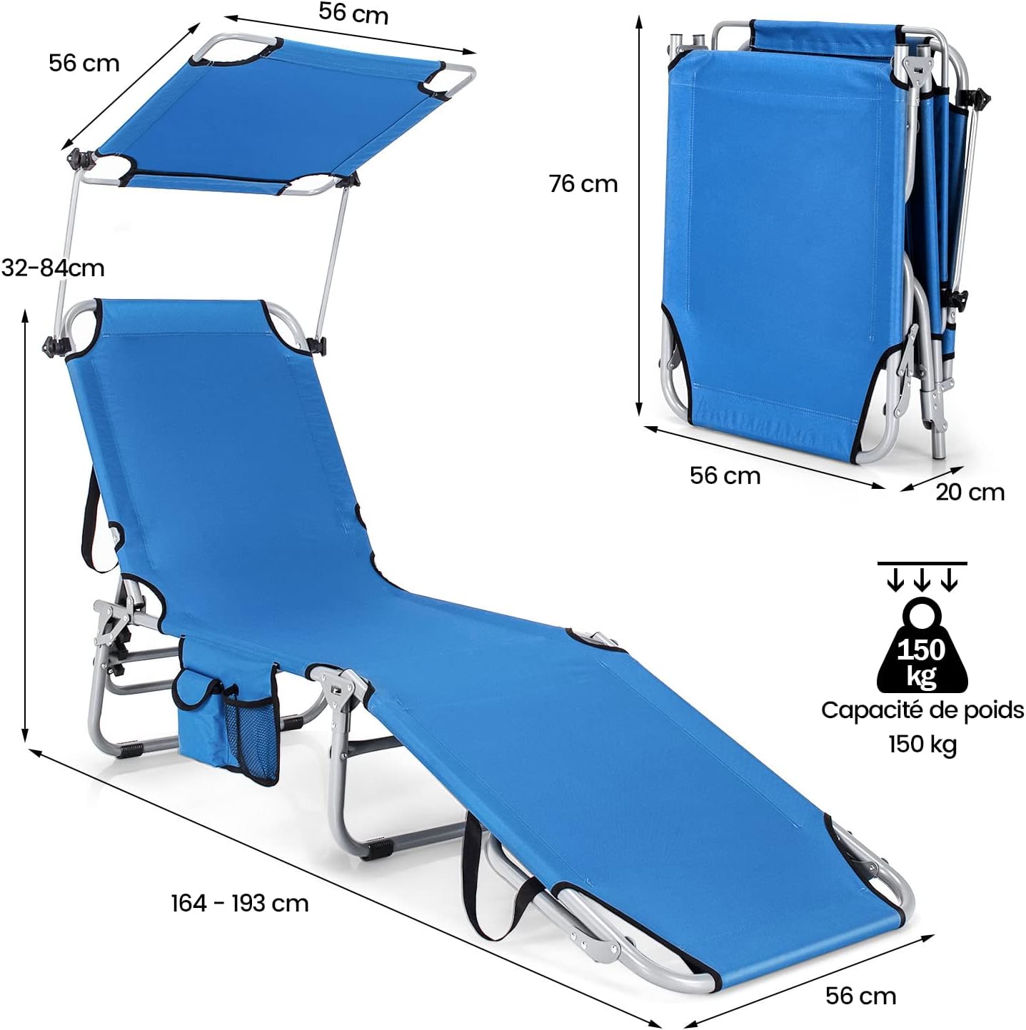Lettino Prendisole con Parasole, Sedia a Sdraio Pieghevole da Giardino con Schienale Reclinabile, per Spiaggia Patio Piscina (blu) - 5