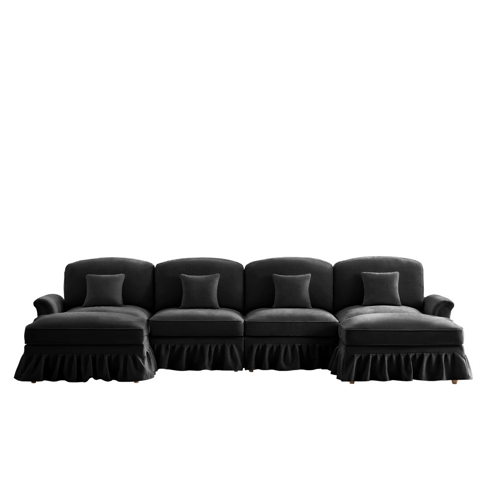 Divano modulare U 4 posti in chenille morbida con gonna removibile, braccioli a trombetta, gambe a spillo e pouf mobile –divano trasformabile 2 design - 7