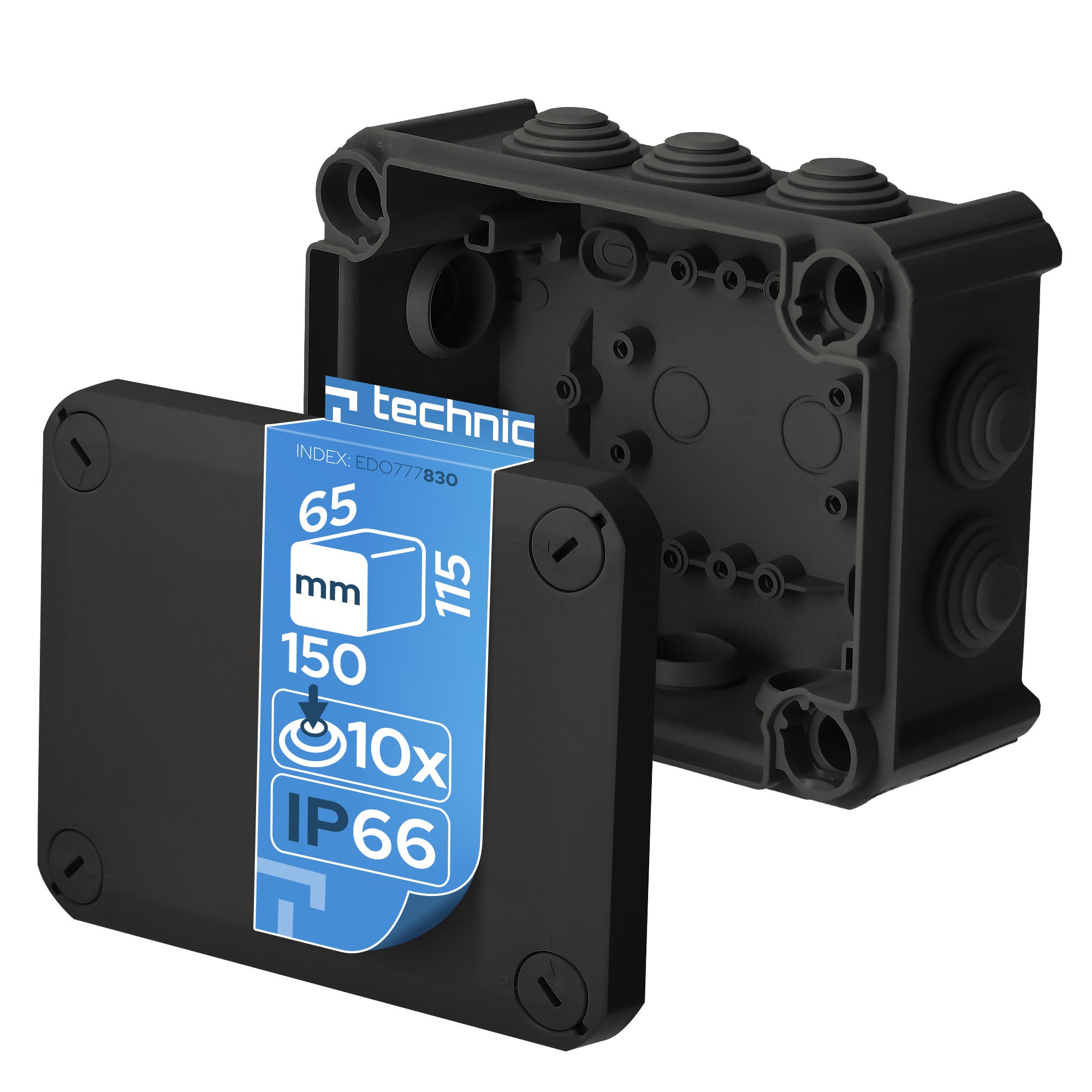 Puszka hermetyczna natynkowa 150×115×65 mm z dławikami dekiel przykręcany IP66 czarna EDO TECHNIC