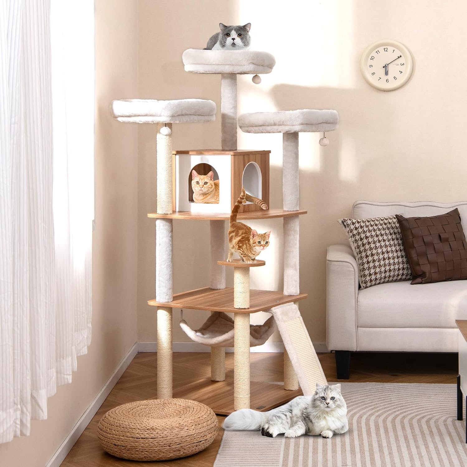 Arbre à Chat XXL 168CM avec 3 Perchoirs Rembourrés, Arbre a Chat en Bois avec Hamac, Planche à Gratter et Poteaux en Sisal, Naturel - 2