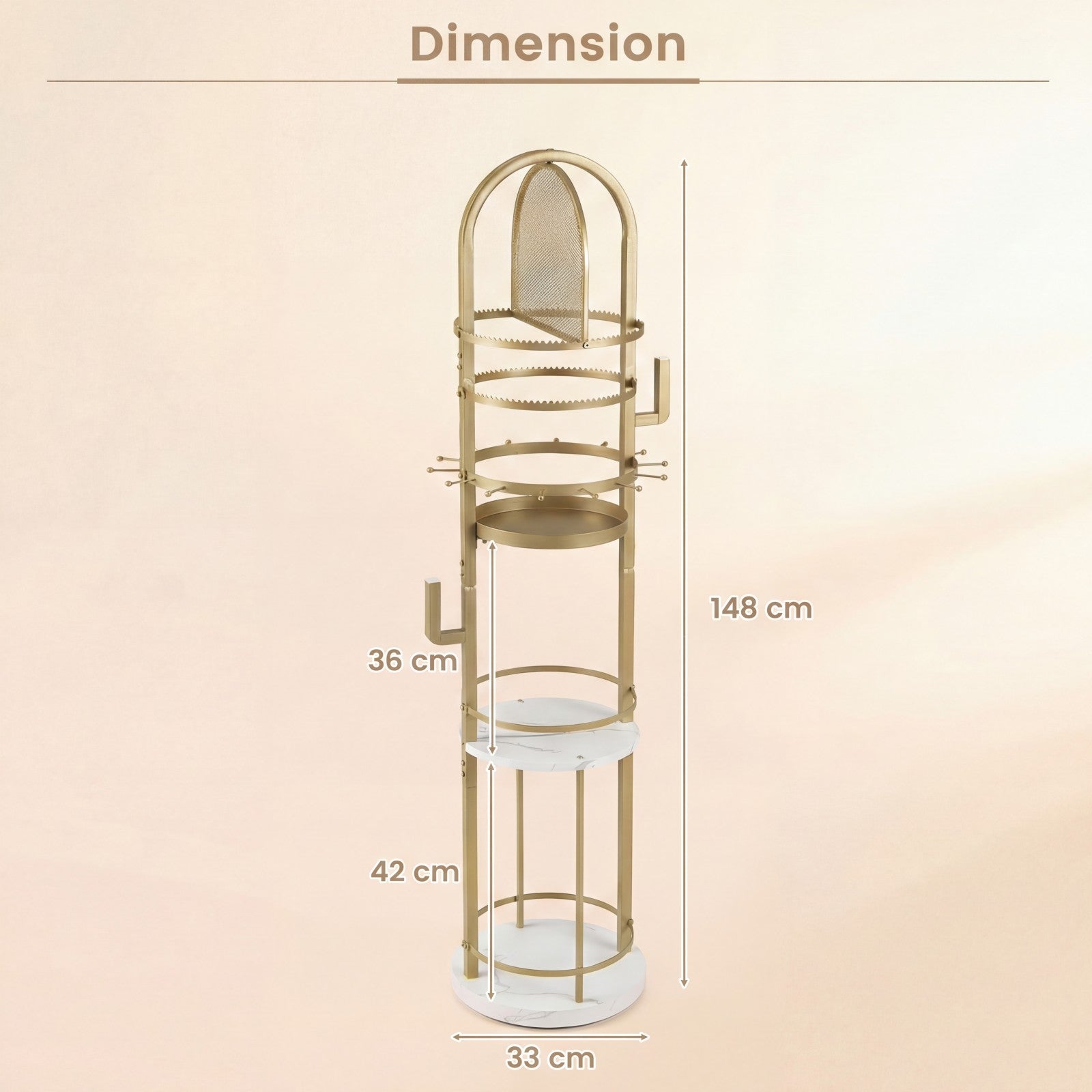 Support de Bijoux sur Pied Rotatif à 360° , Présentoir à Bijoux avec Porte-Boucles d'Oreilles, Colliers et 3 Étagères, Arbre de Rangement, Blanc - 6
