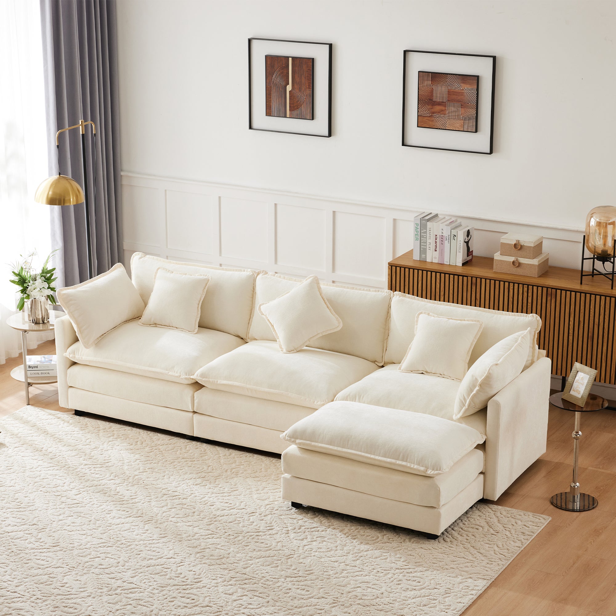 Canapé d'angle 3 places avec repose-pieds - 283 x 147 x 84 - Tissu chenille - Beige - 5