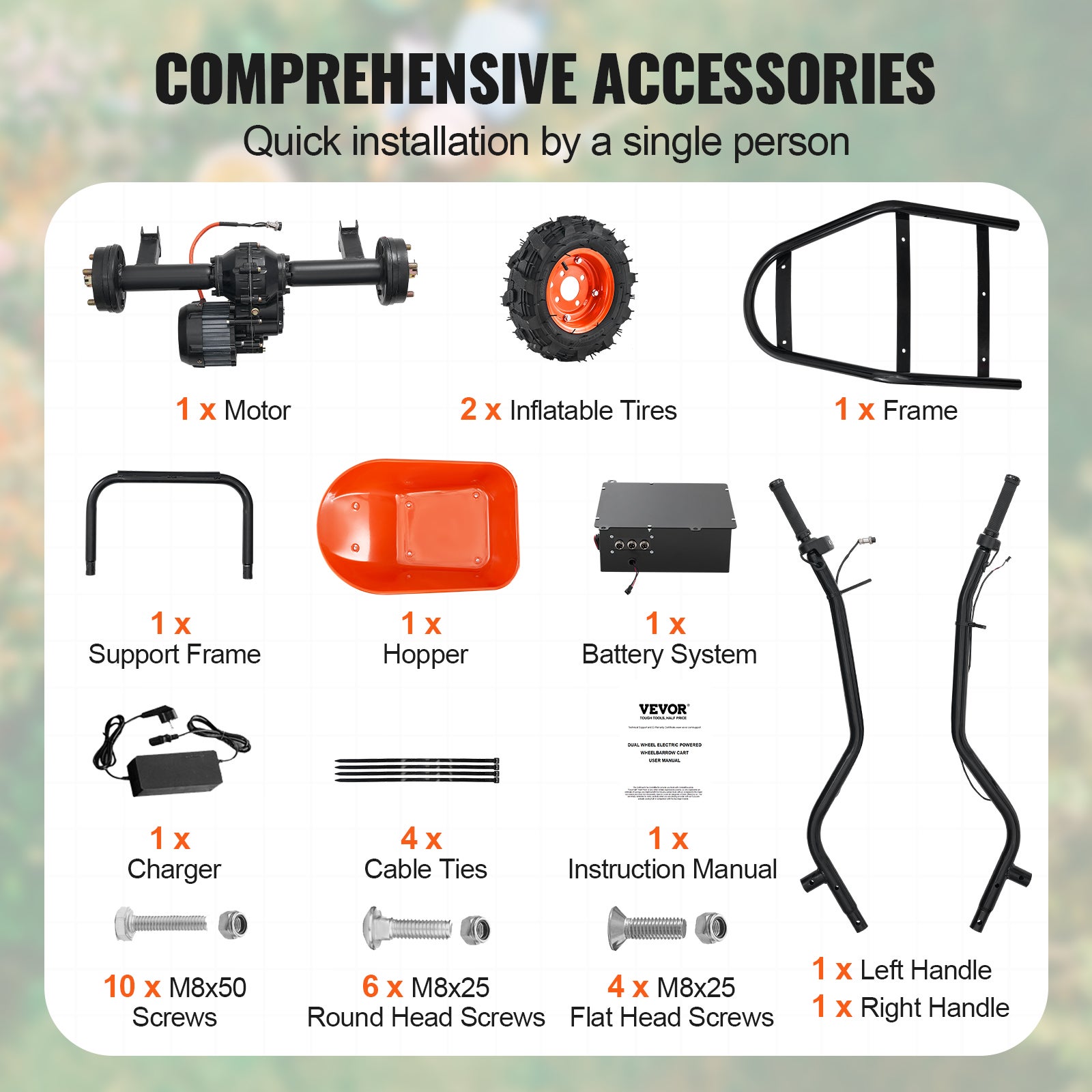 Brouette Électrique 2 Roues 500 W,VEVOR Chariot Jardin Motorisé,Poignée Métal,Roue Large 40 cm,Charge 260 kg pour Ferme,Pelouse,Jardinage - 6
