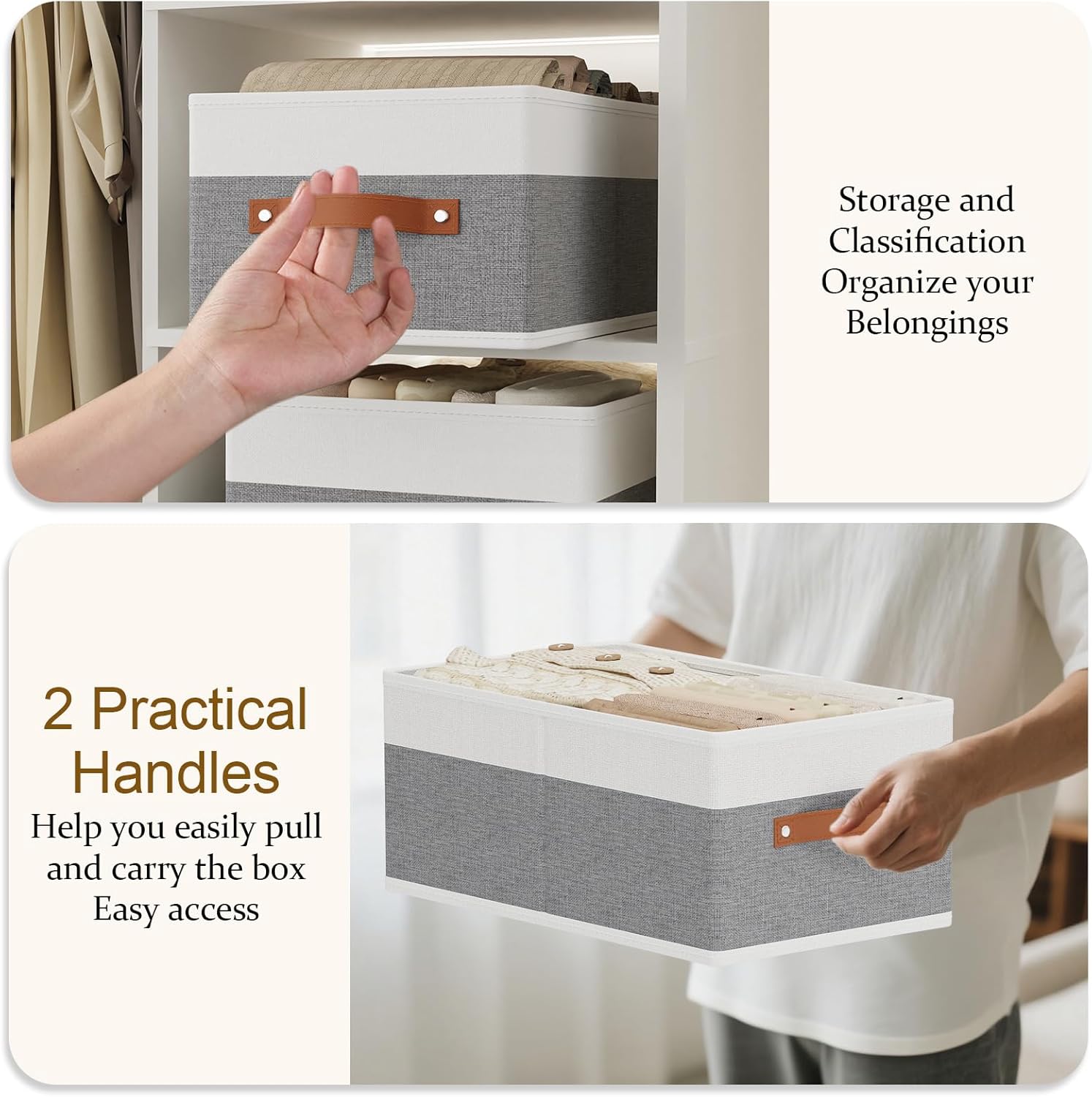 4 x Folding Storage Boxes with 2 Handles, Fabric Storage Box, Storage Box for Clothes, Grey – White, 33 x 23 x 14 cm - 5