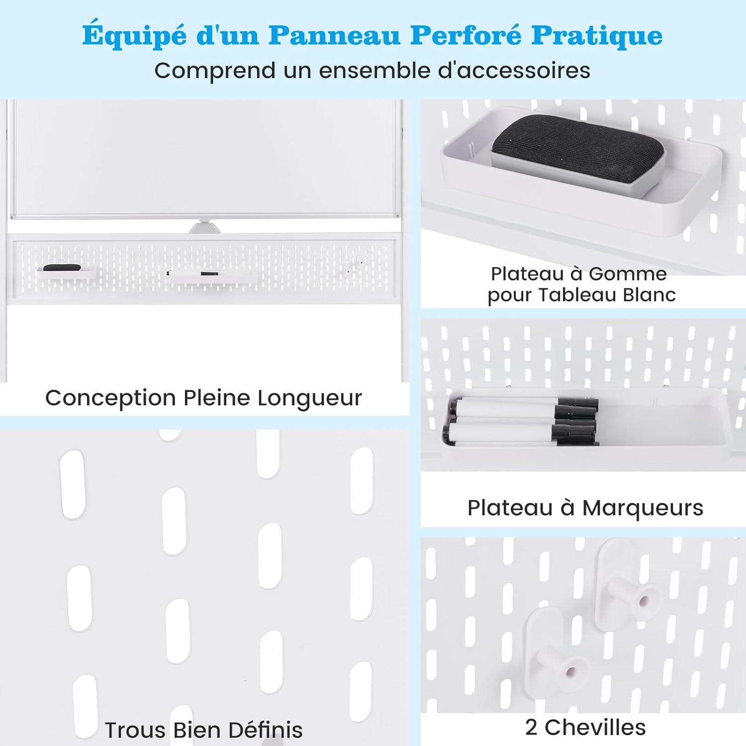 Tableau Blanc Effacable sur Pied 120 x 90 cm, Double Face, Tableau Blanc Roulette, 2 Hauteur Réglables, Cadre en Métal,Panneau Perforé (Blanc) - 6