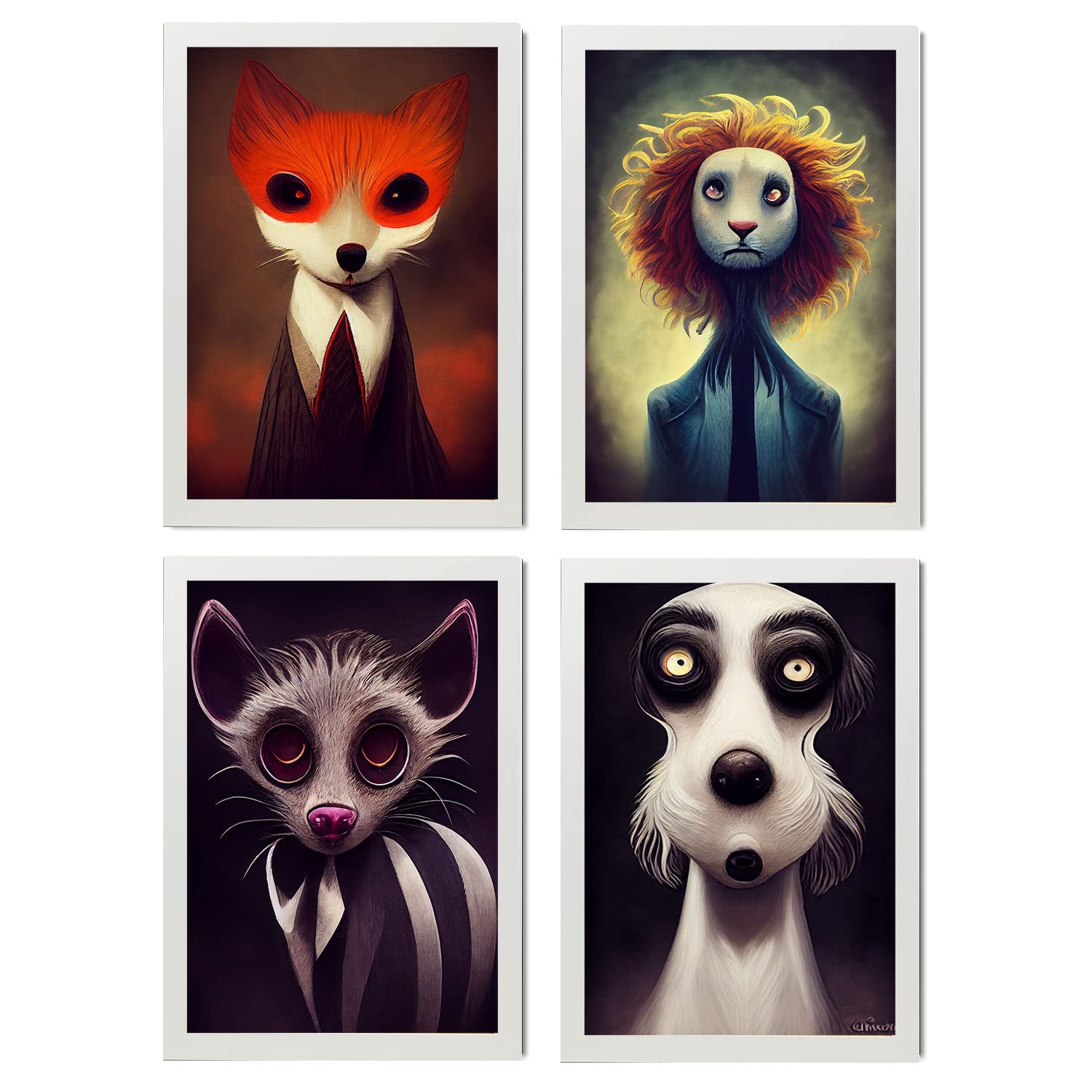 Nacnic set de 4 posters mirada fija estilo t burton ilustraciones y pósters de animales inspirados en el arte gótico de burton a4 marcos blanco