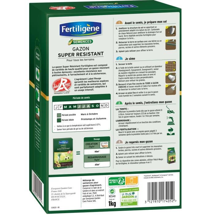 Gazon super résistant FERTILIGÈNE - Label rouge - 40m² - 1kg - 4
