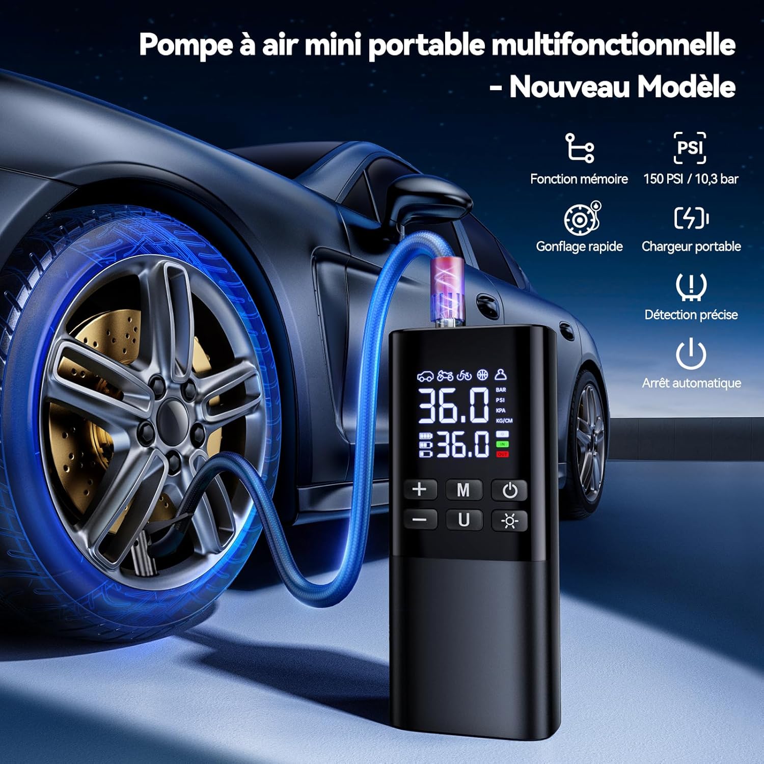 Compressore Aria Portatile 150PSI LED 6000mAh Gonfiatore Per Auto Bici - 8