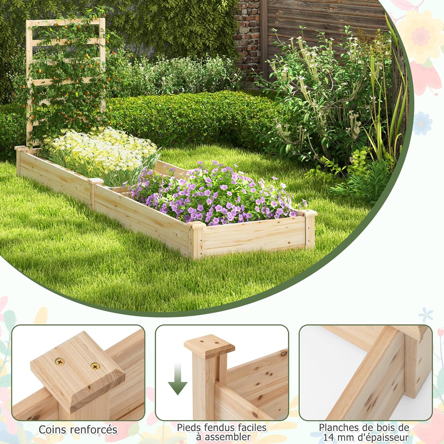 Jardinière Surélevée avec 1 Treillis, Bac à Fleurs Extérieur en Bois avec Compartiments Divisés, Assemblage DIY - 7