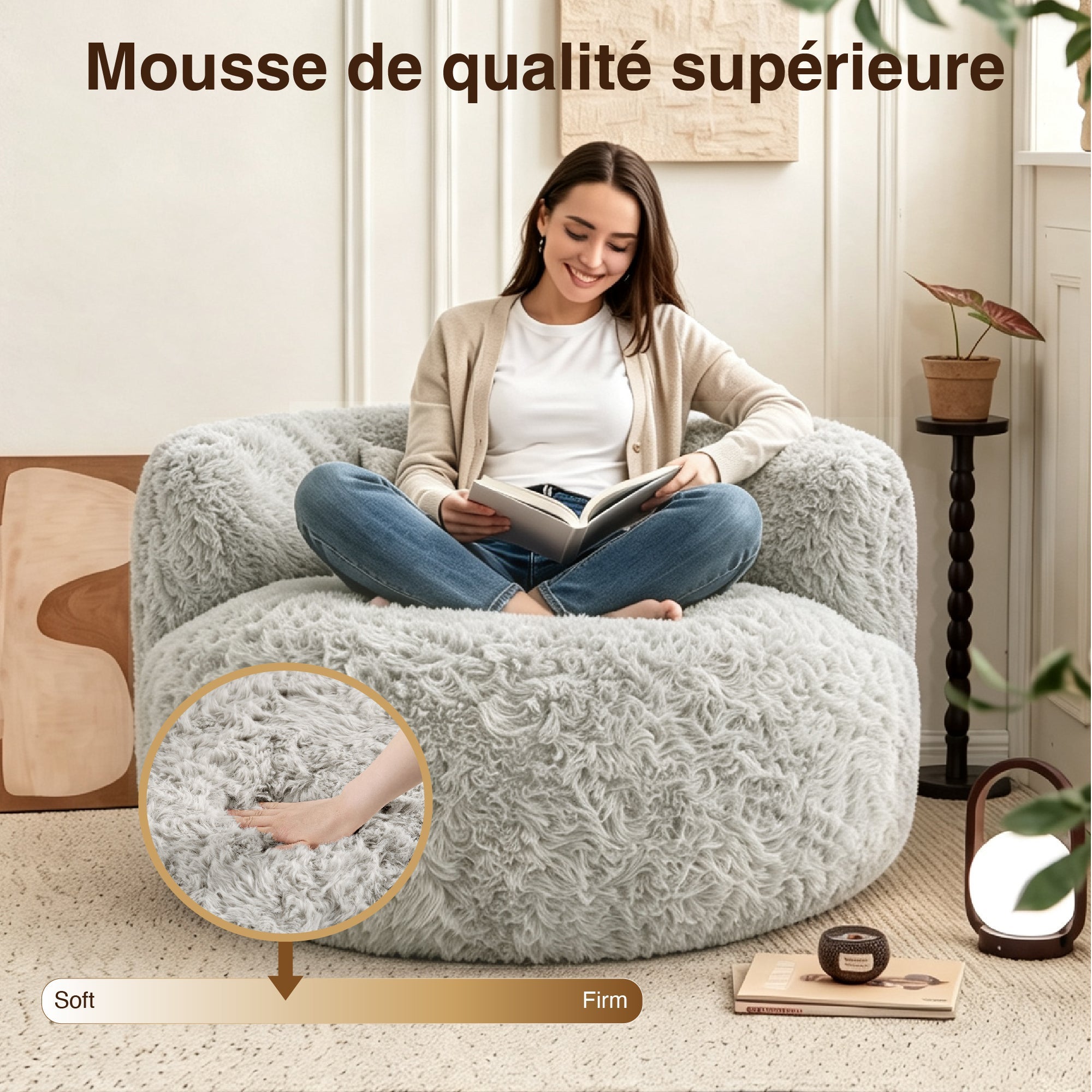 Fauteuil pouf 1 place, pouf compressé, Avec oreiller, mousse haute densité, gris clair - 6