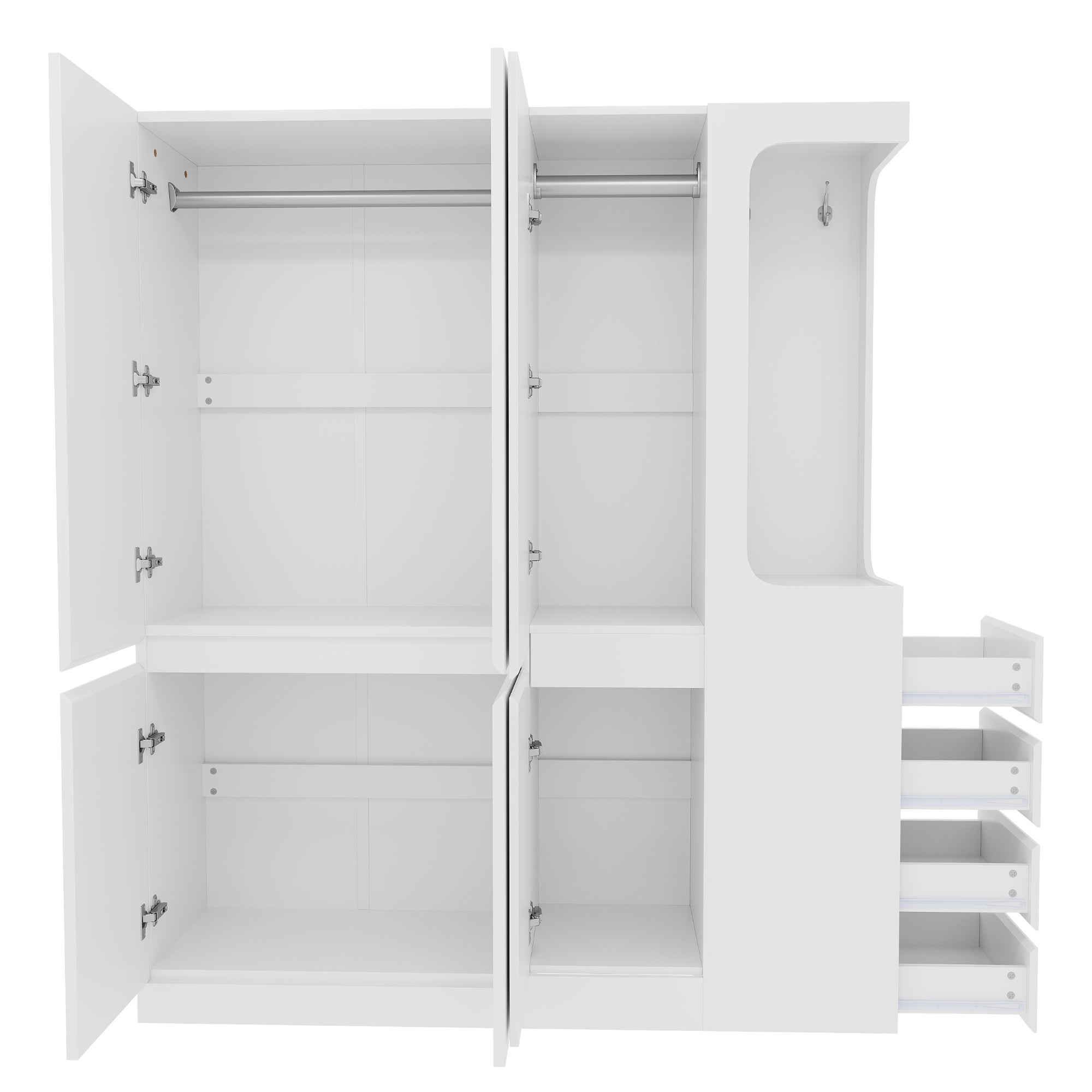 Armadio Multiuso con 6 ante e asta appendiabiti 140 x 40 x 170 cm,armadio guardaroba con 4 cassetti e ganci,aperto,salvaspazio,bianco (Lato destro) - 7