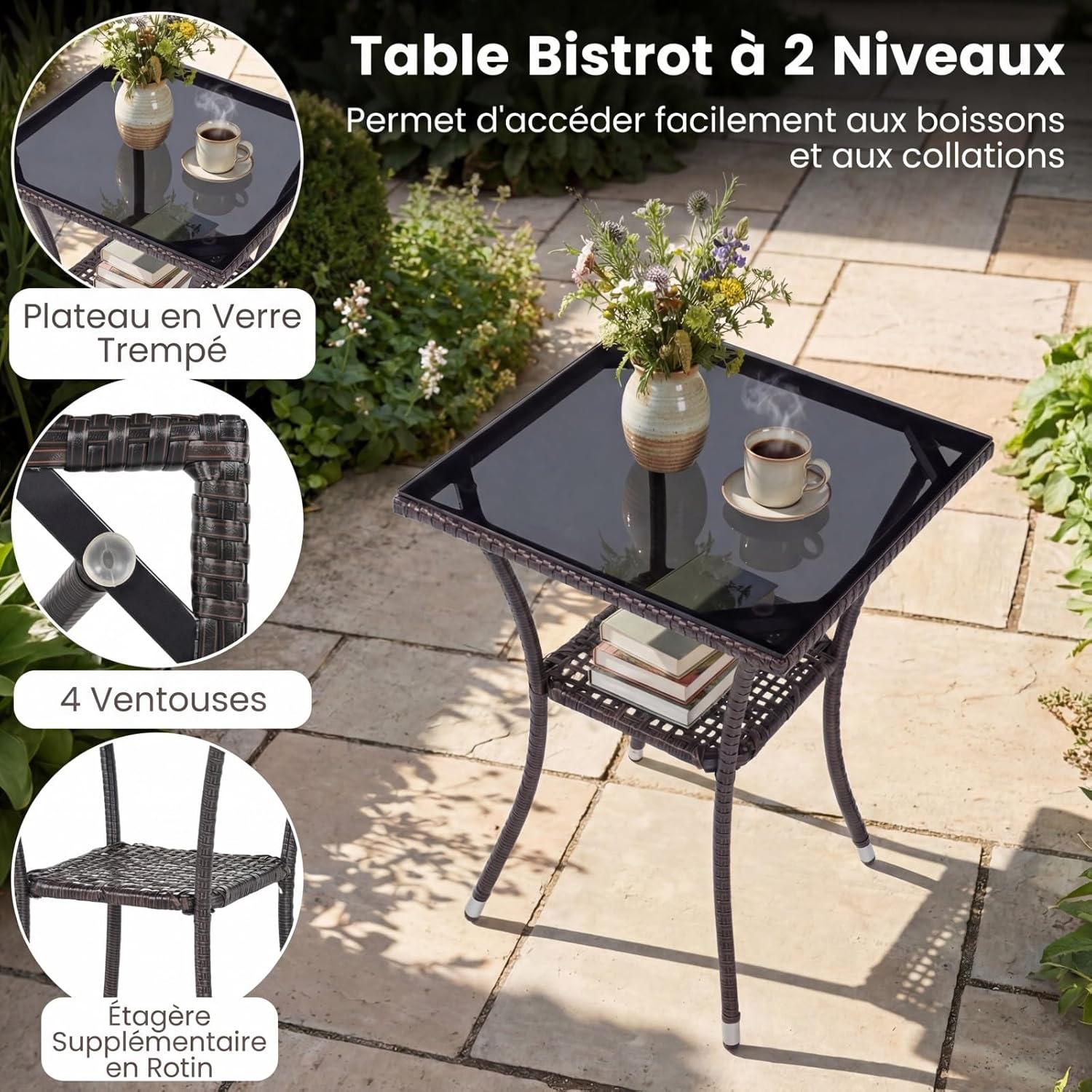 GIANTEX Conjunto Sala Jardim 3 PCS em Vime PE, com 2 Cadeiras Almofadadas Mesa Baixa Vidro Temperado 2 Níveis com Tampa, Marrom+Branco - 6