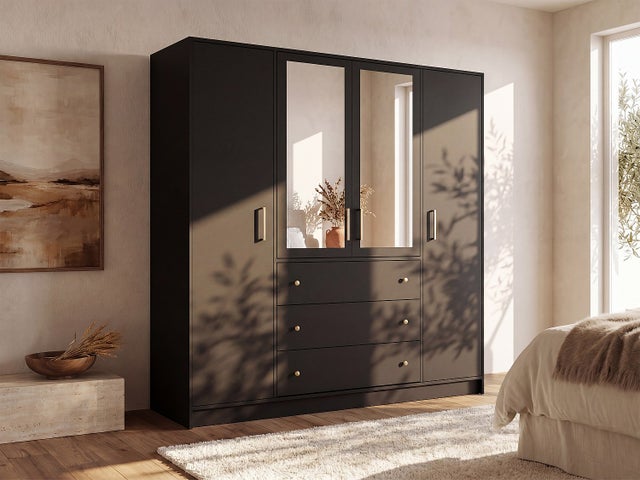 Armoire 4 portes et 3 tiroirs - Avec miroirs - L196 cm - Noir - LIZANDRO