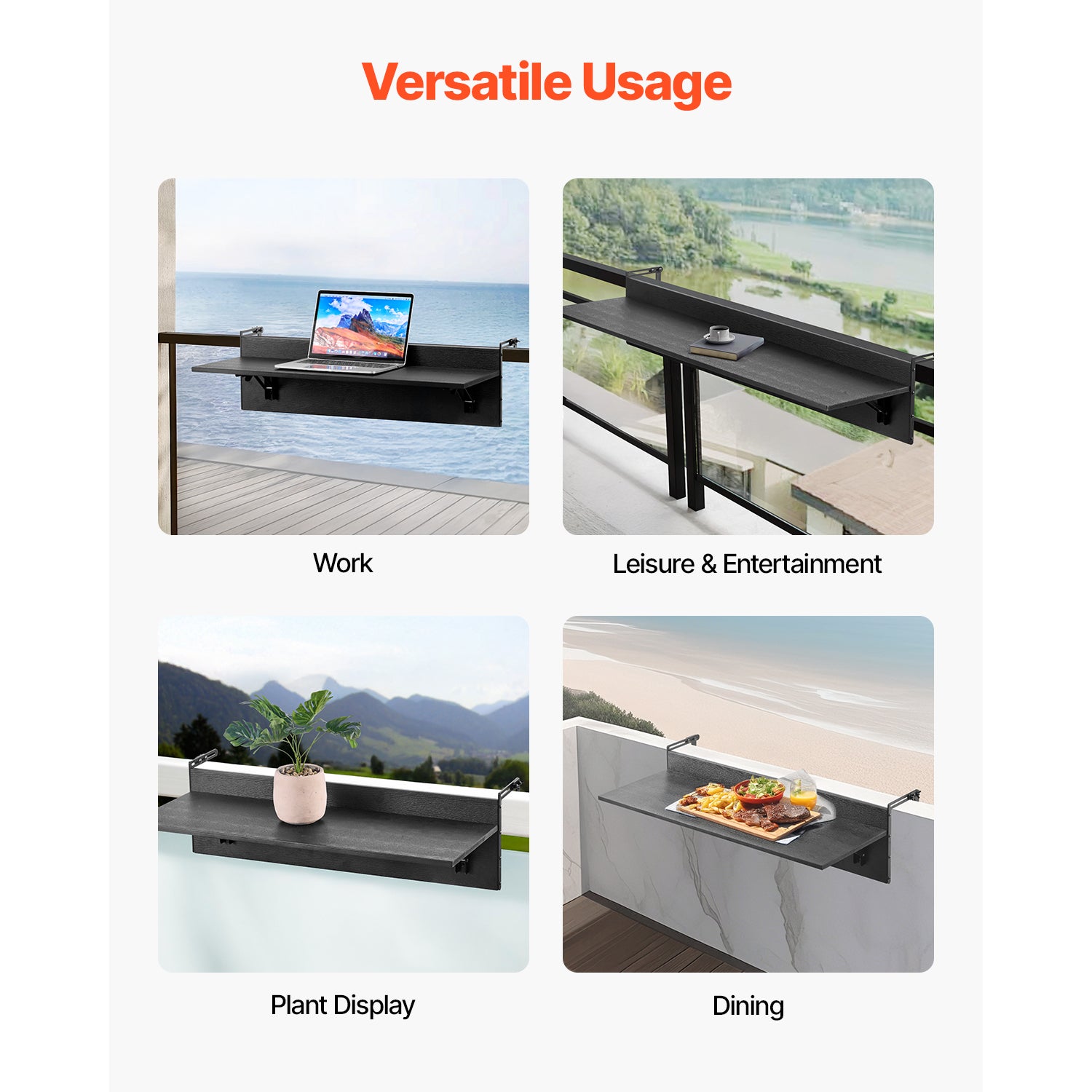 Table Suspendue VEVOR de Balcon Pliante, Plateau 800 x 300 mm, Support Réglable 25-110 mm, Structure Q195, Plastique Bois, Patio - 7